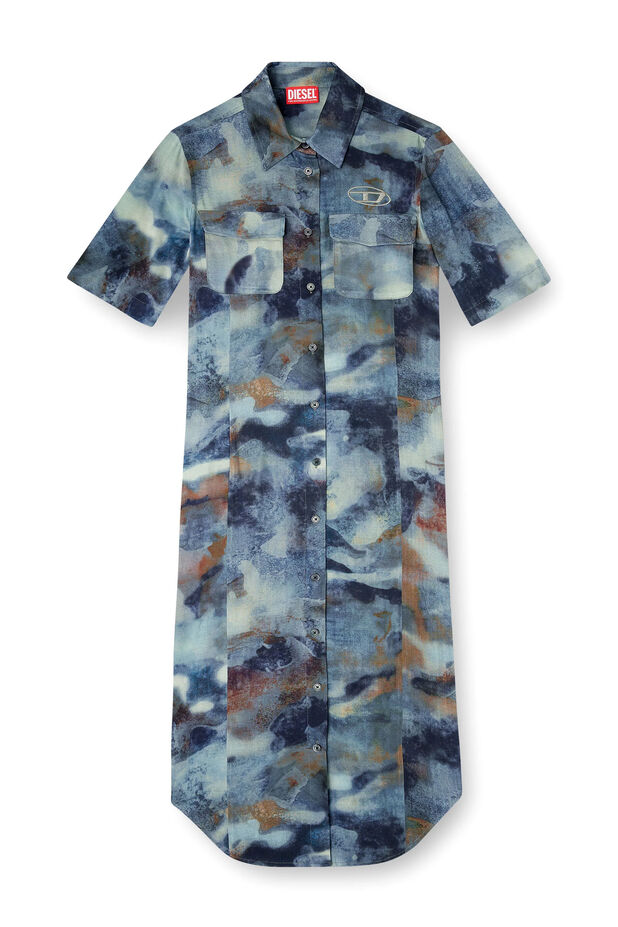 Satin shirt-dress with all-over camo print