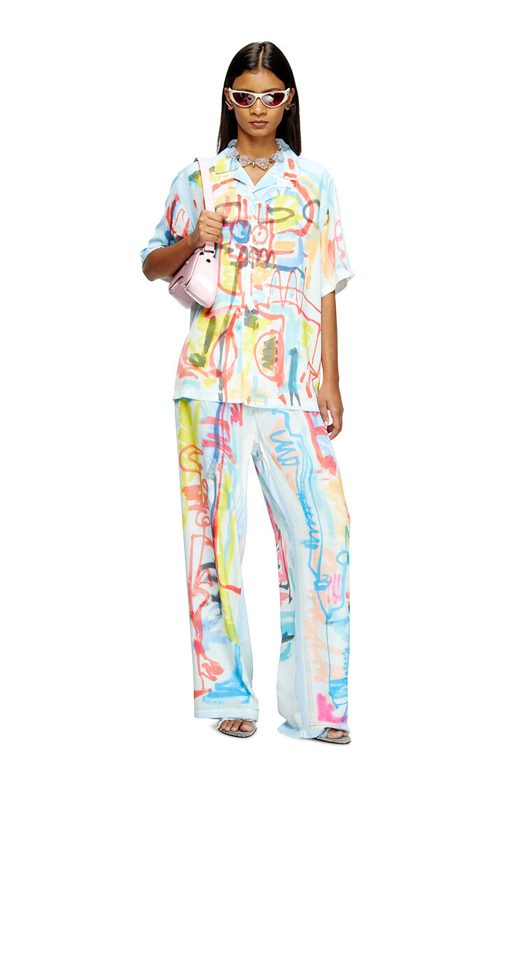 Satin bowling shirt with graffiti print