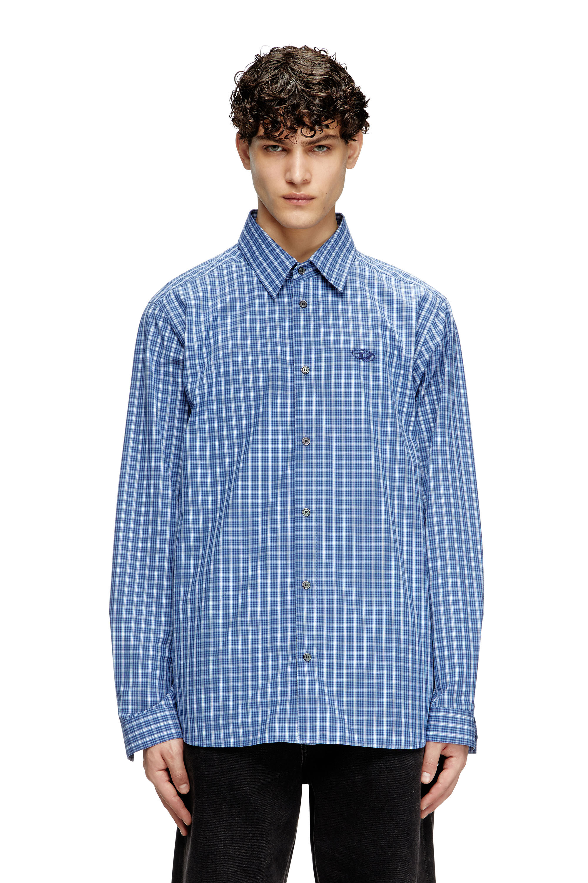 Diesel - S-SIMPLY-DLBV, Male's Checked shirt with Oval D embroidery in ブルー/ホワイト - 3