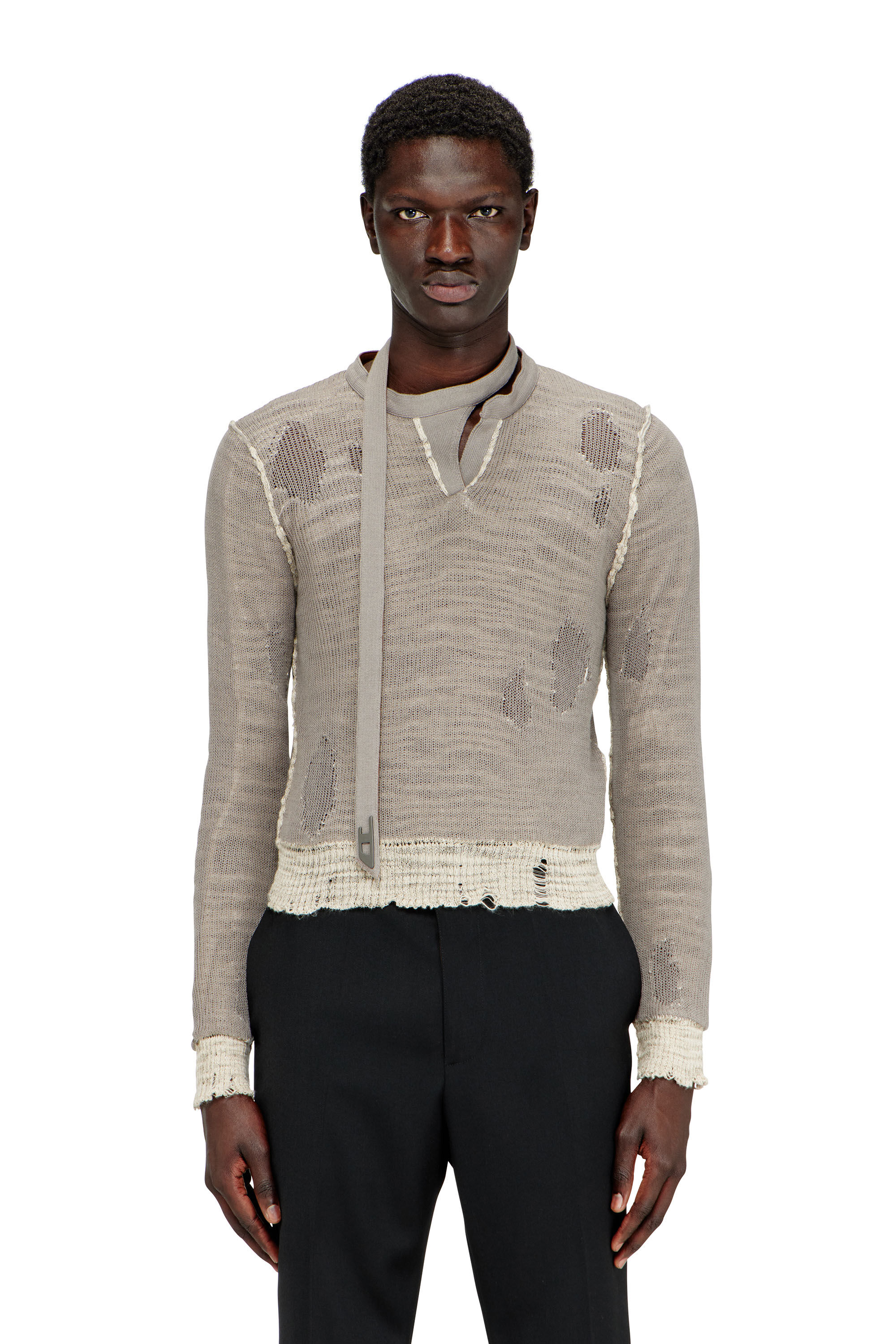 M-DRACARINA Distressed jumper with biker neck strap｜グレー