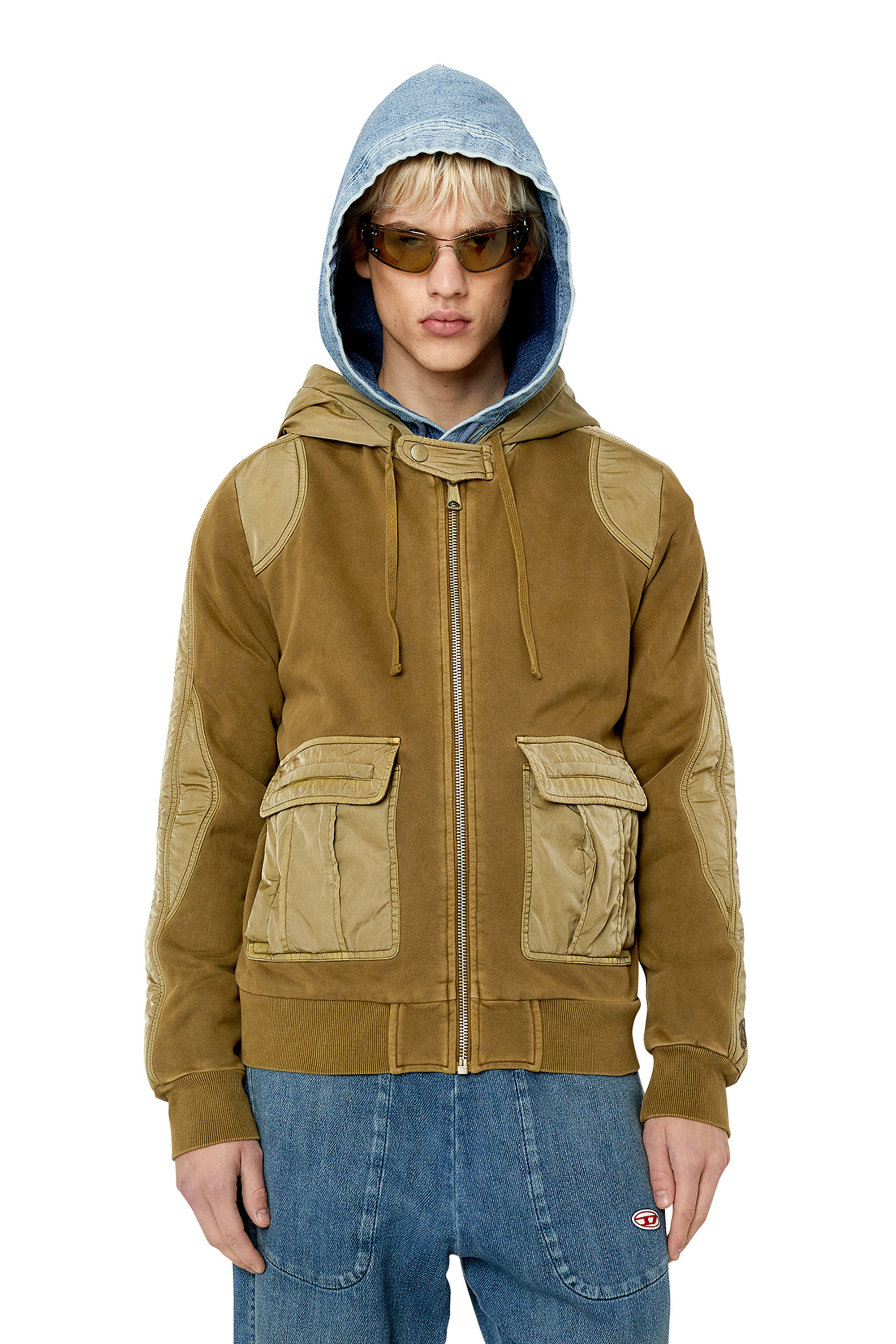 Diesel - S-SOFOGINN, Male's スウェット ジップアップ パーカー 3Dポケット ナイロン切り返し in ミリタリーグリーン - 3
