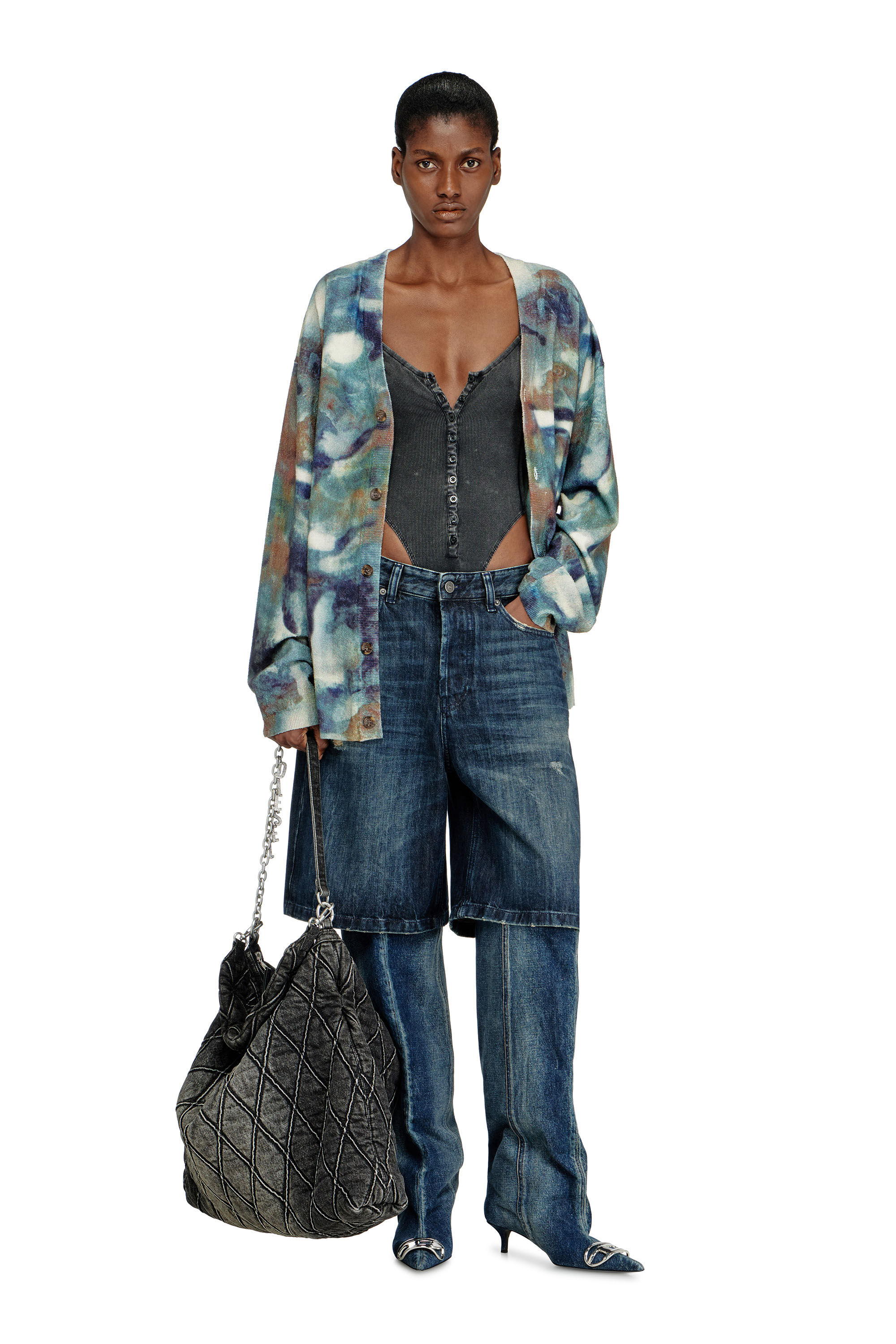 M-ILLUM-CARDIGAN Sponge-yarn cardigan with abstract print｜ブルー