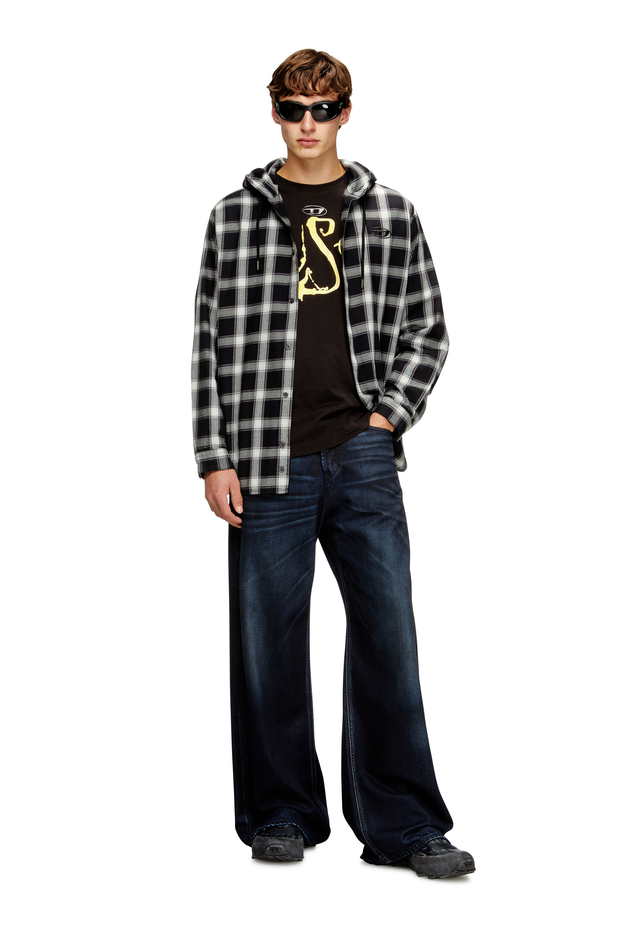 Diesel - S-IX-AJFI, Male's フード付きシャツ in ブラック/ホワイト - 1