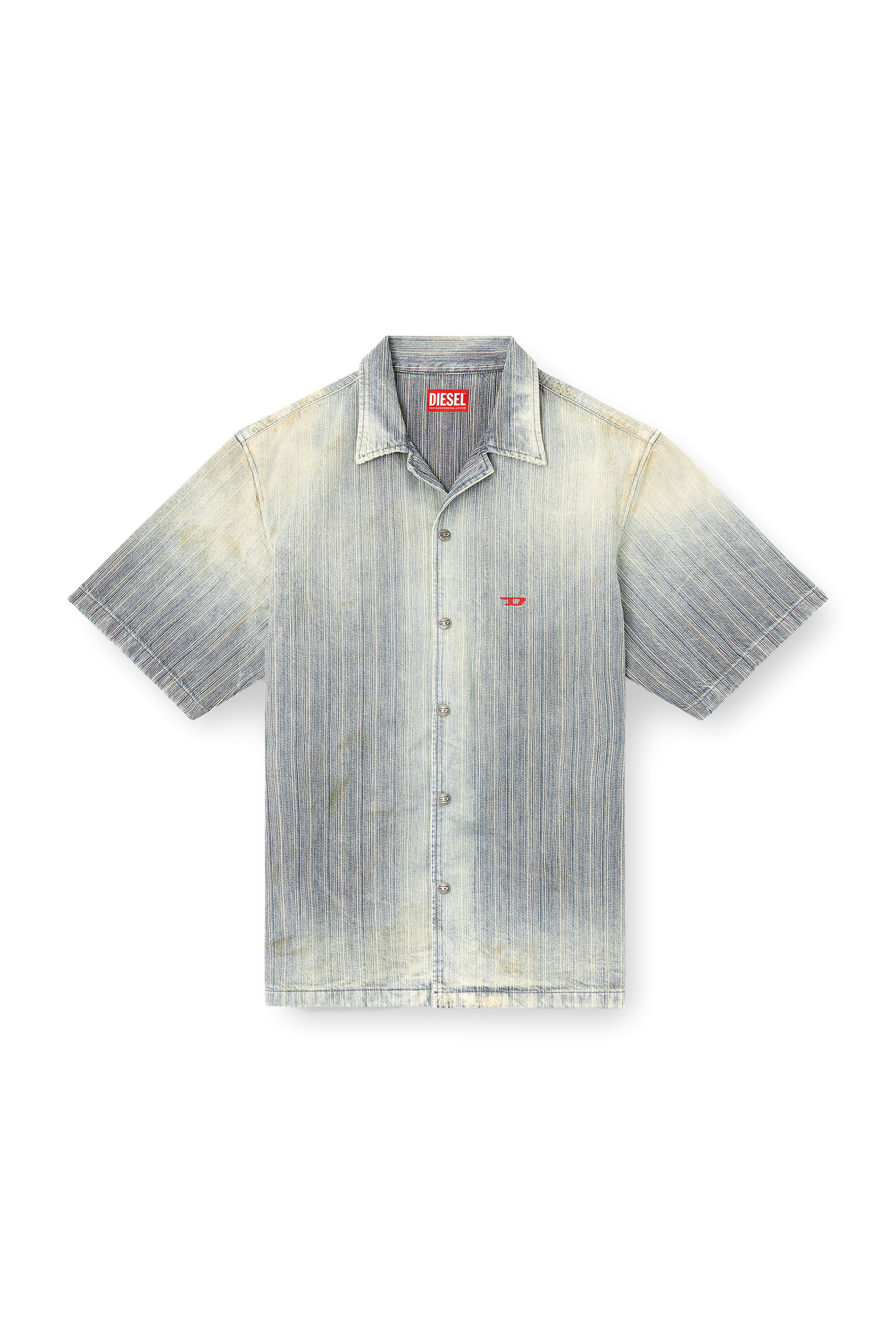 Diesel - D-NABIL-D, Male's Bowling shirt in striped indigo denim in ミディアムブルー - 2
