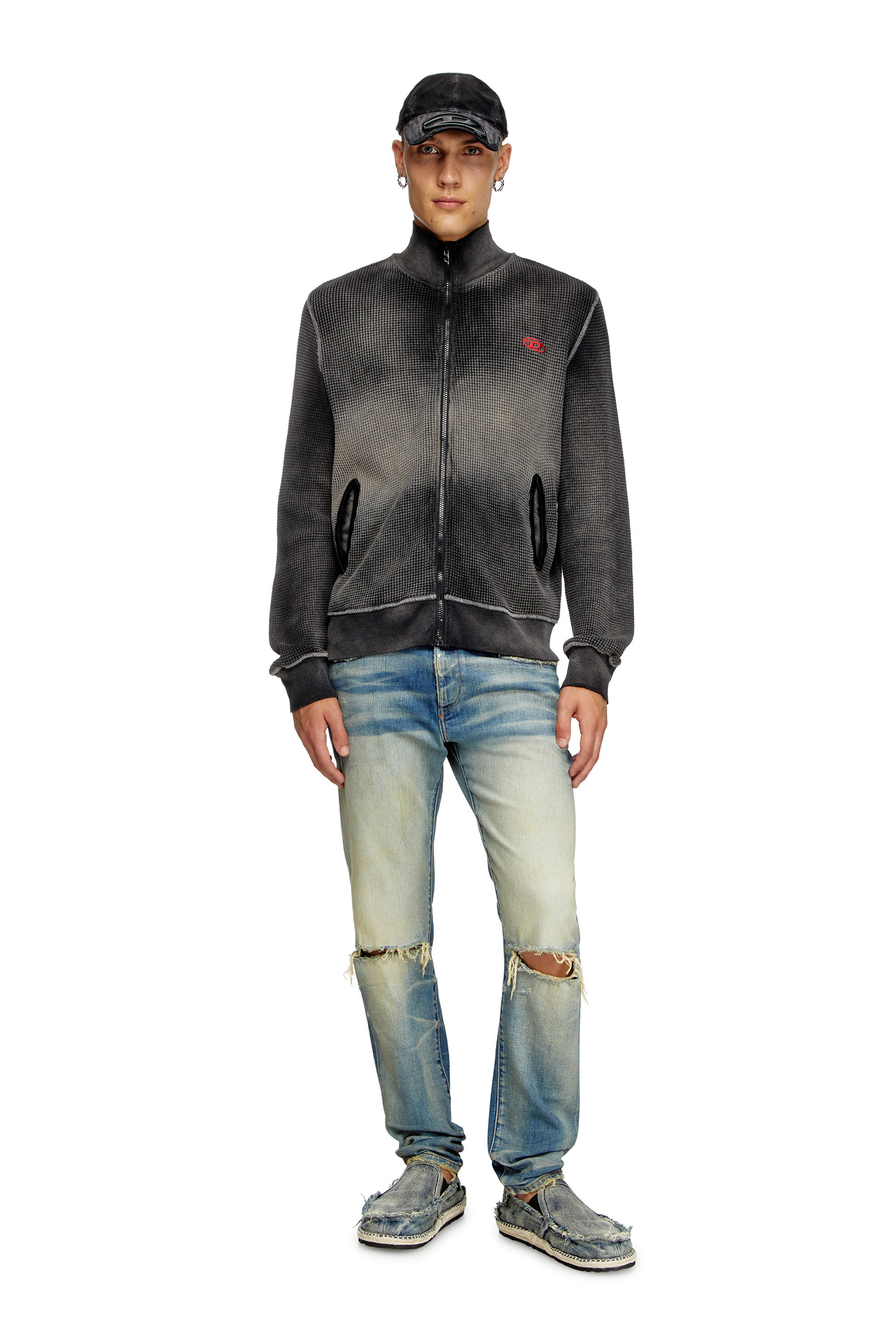 Diesel - S-WAFY-ZIP, Male's Waffle and jersey zip-up sweatshirt in ブラック - 1