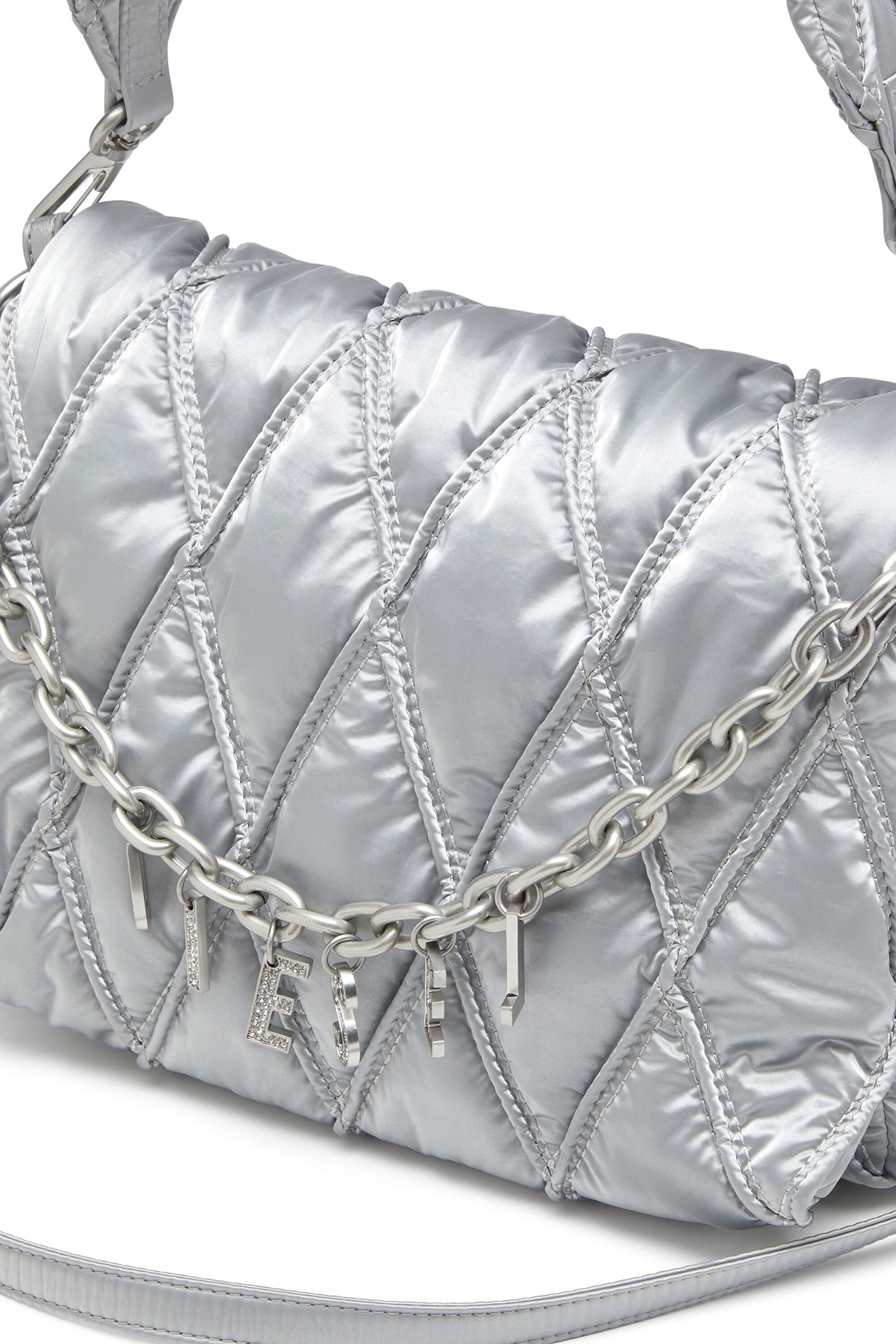 Diesel - CHARM-D SHOULDER M, Female's Charm-D-Shoulder bag in quilted metallic nylon in シルバー - 5