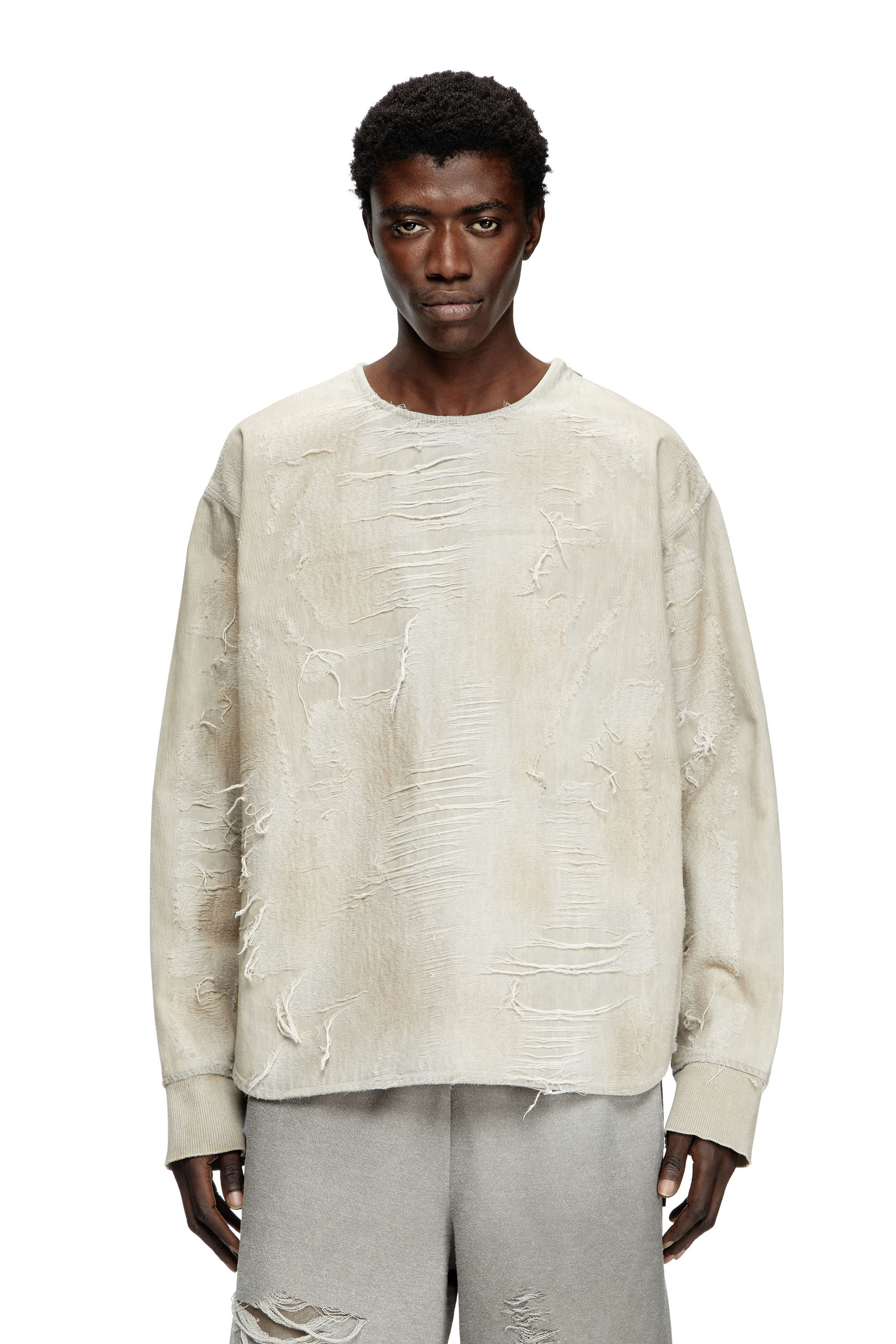 Diesel - D-JUST-FSG1, Male's Sweater in micro-distressed jacquard denim in ライトグレー - 3
