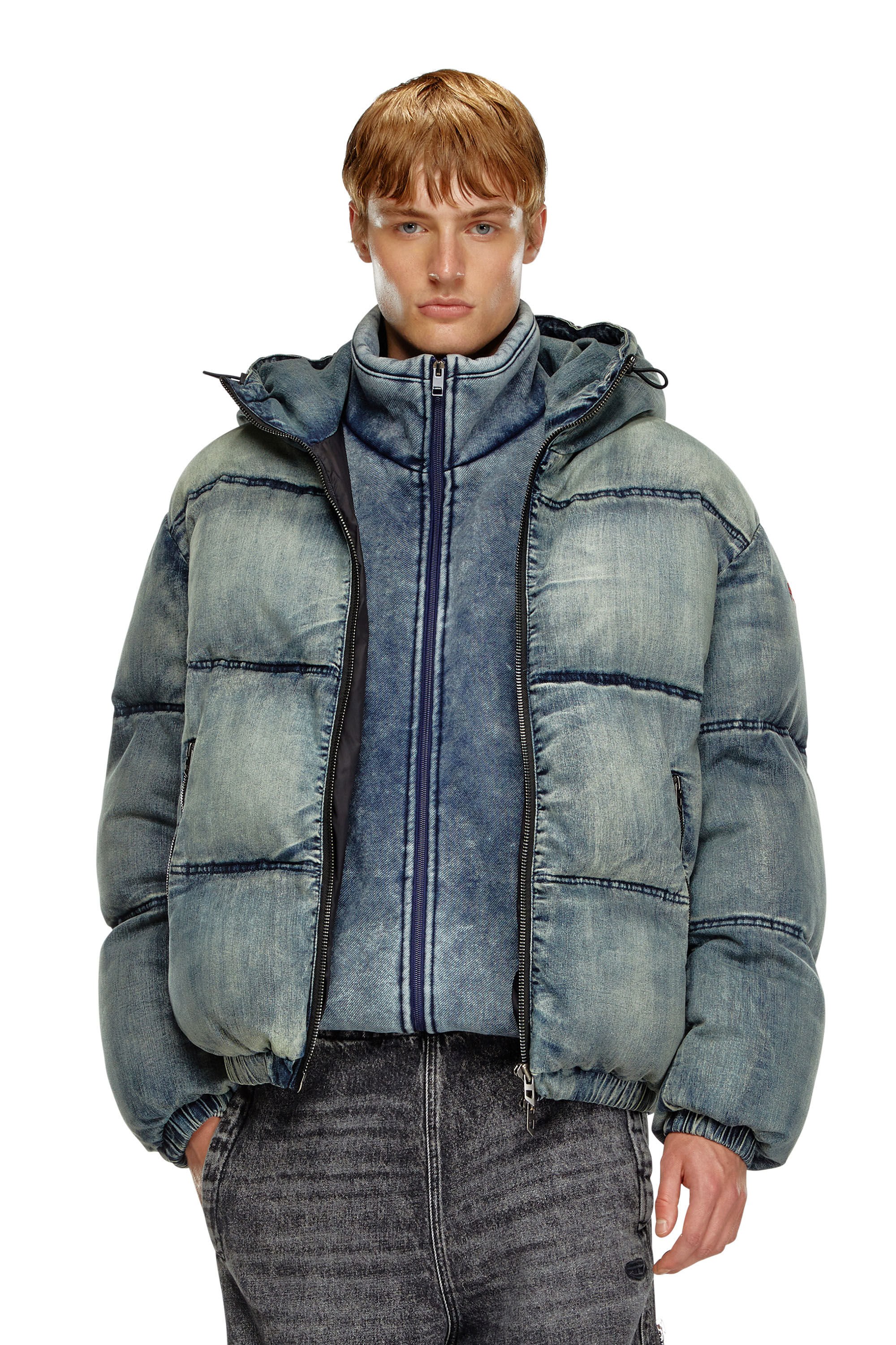 Diesel - W-MONS, Male's Puffer jacket in treated denim in ブルー - 3