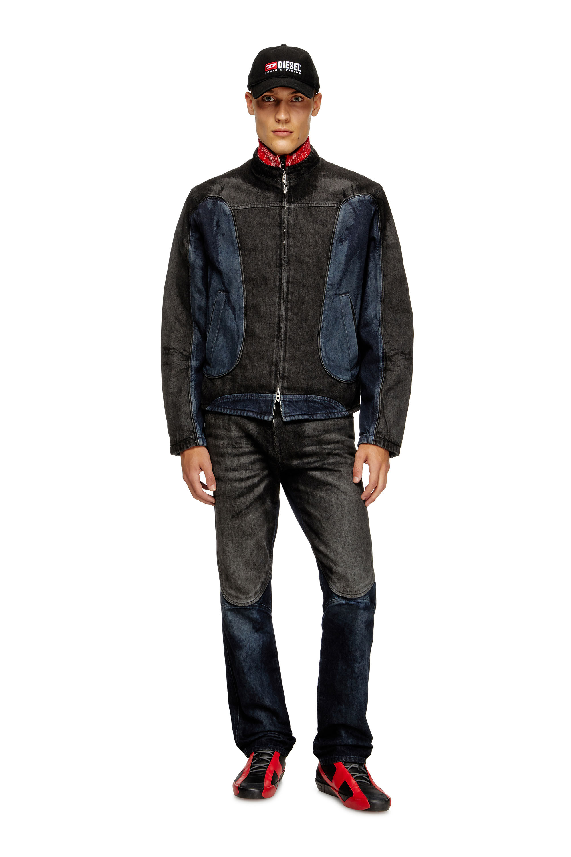 Diesel - D-BLENK-S, Male's Biker-style jacket in bicolour denim in ブラック/ブルー - 1