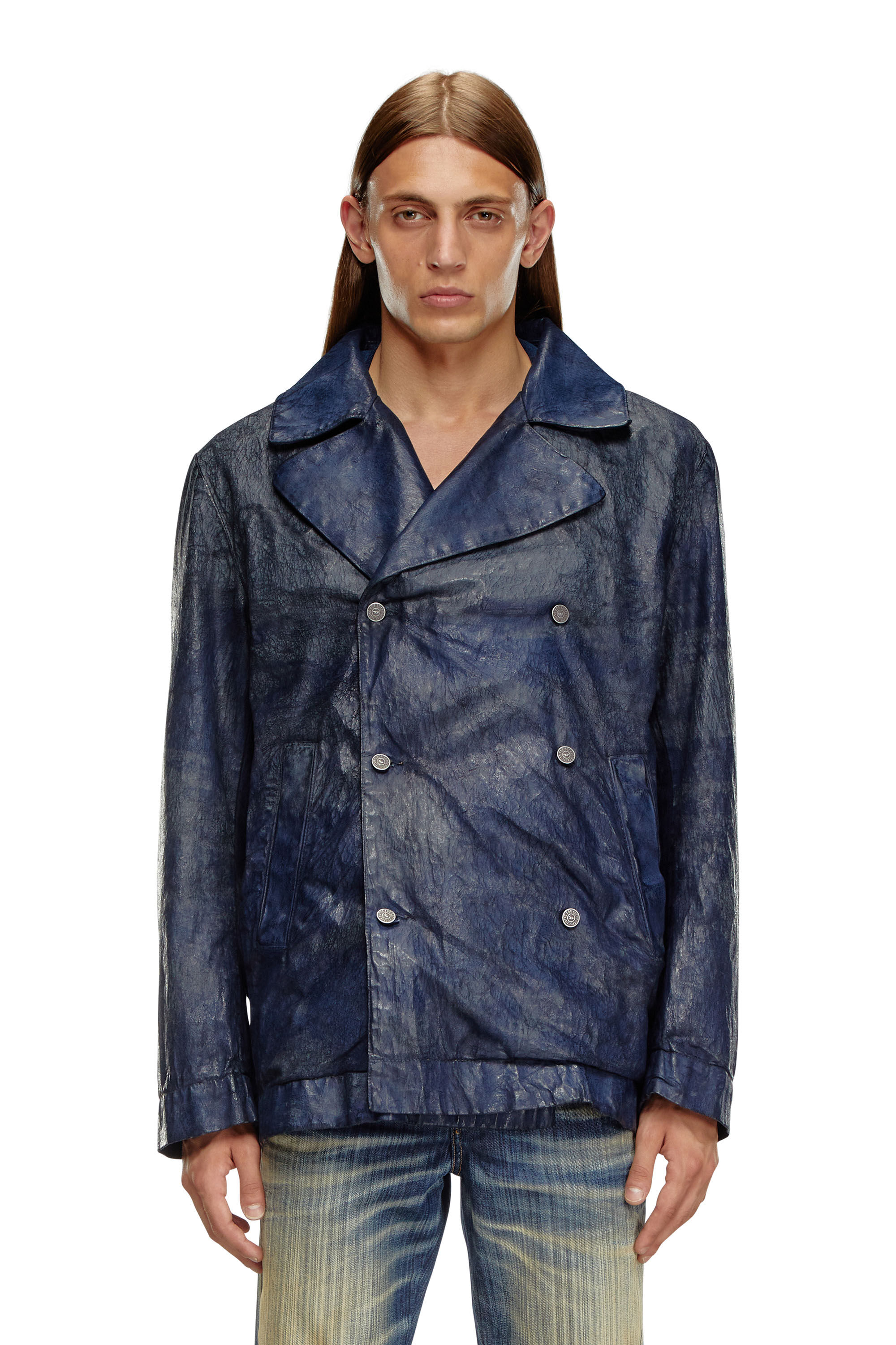 Diesel - D-BONDED-S, Male's Double-breasted jacket in coated denim in ダークブルー - 3