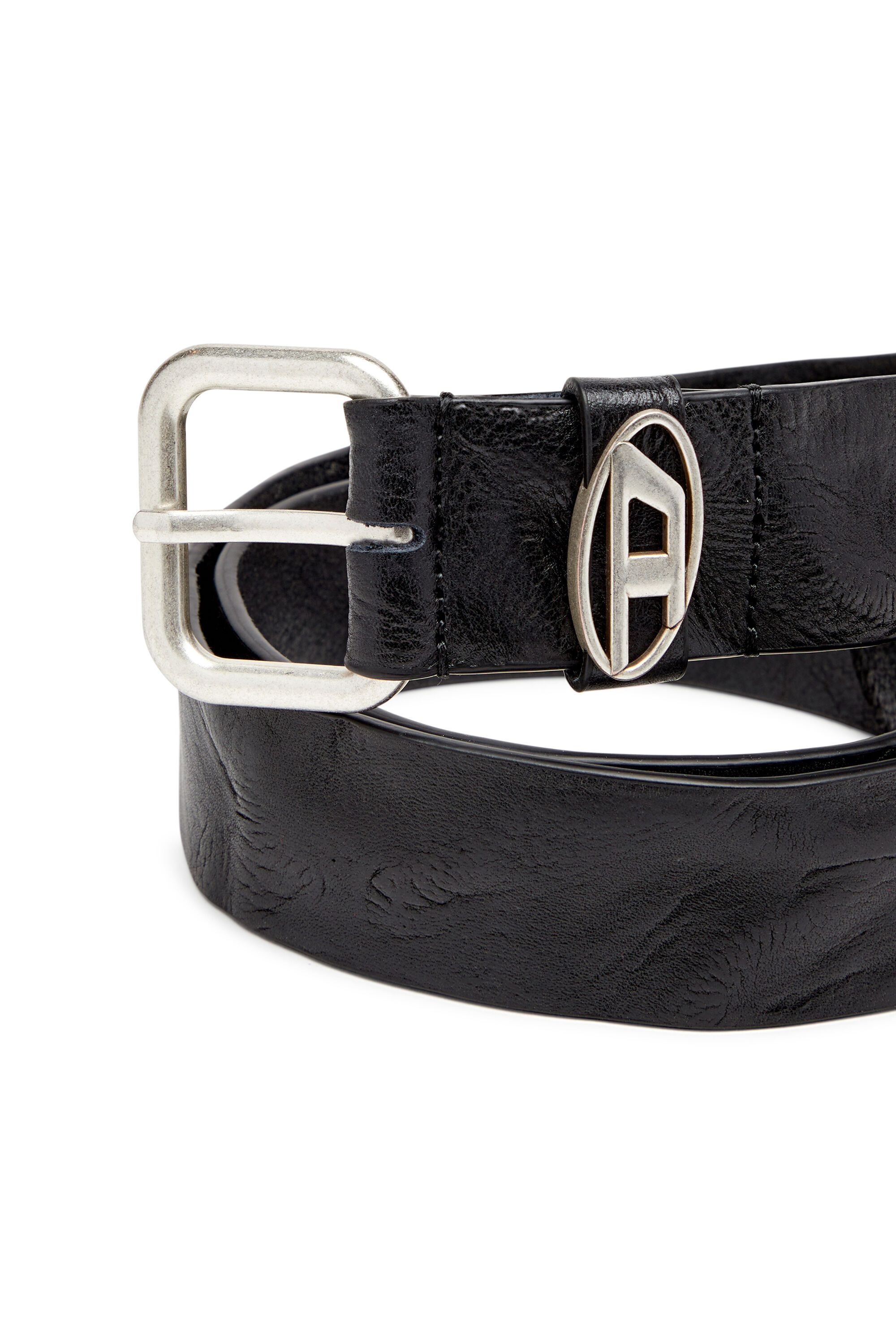 Diesel - B-1DR OVAL D LOOP, Unisex's Logo-plaque wrinkled leather belt in ブラック - 3