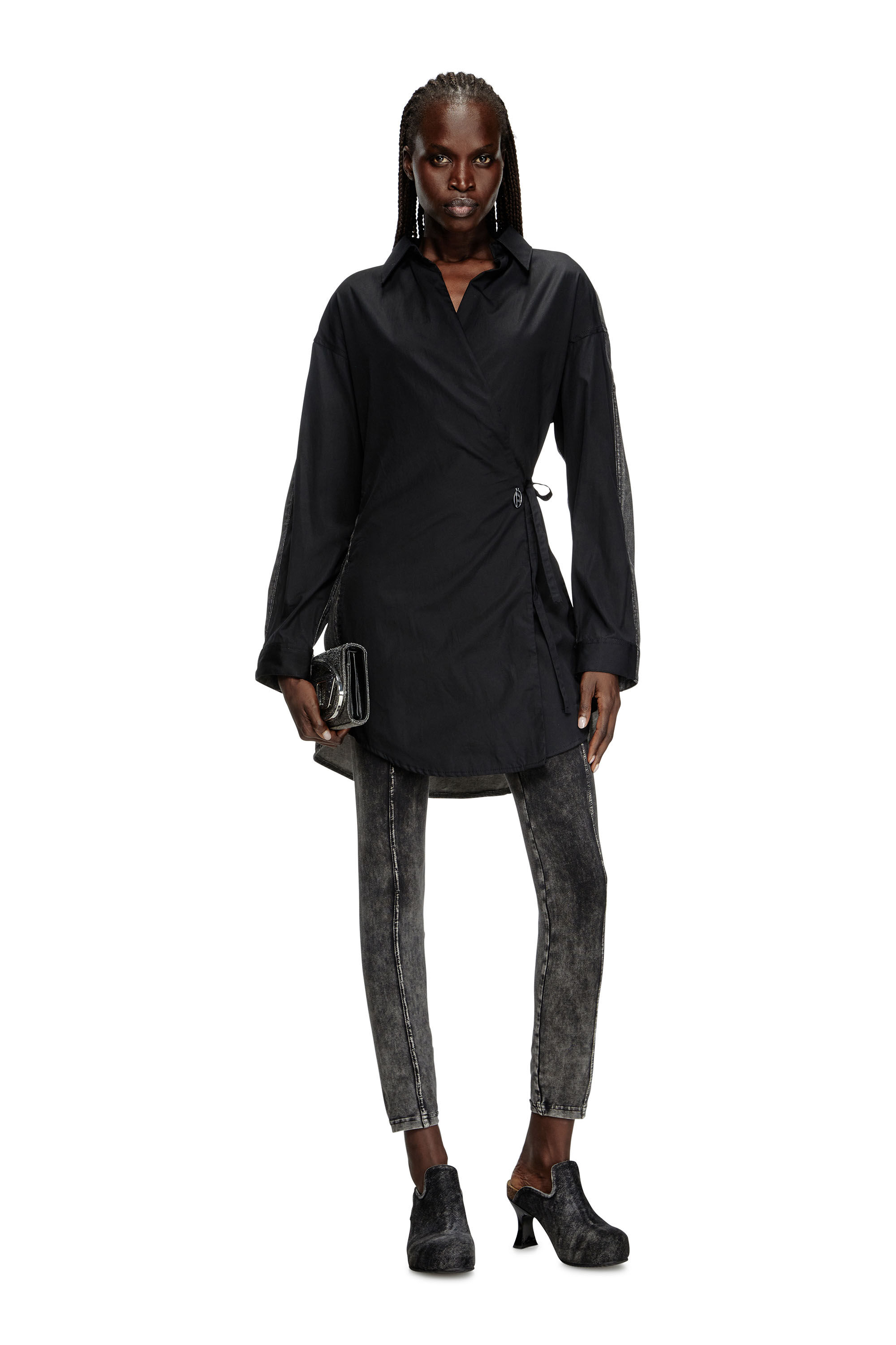 Diesel - D-ELPHI-DEN, Female's Wrap shirt dress in poplin and denim in ブラック - 3