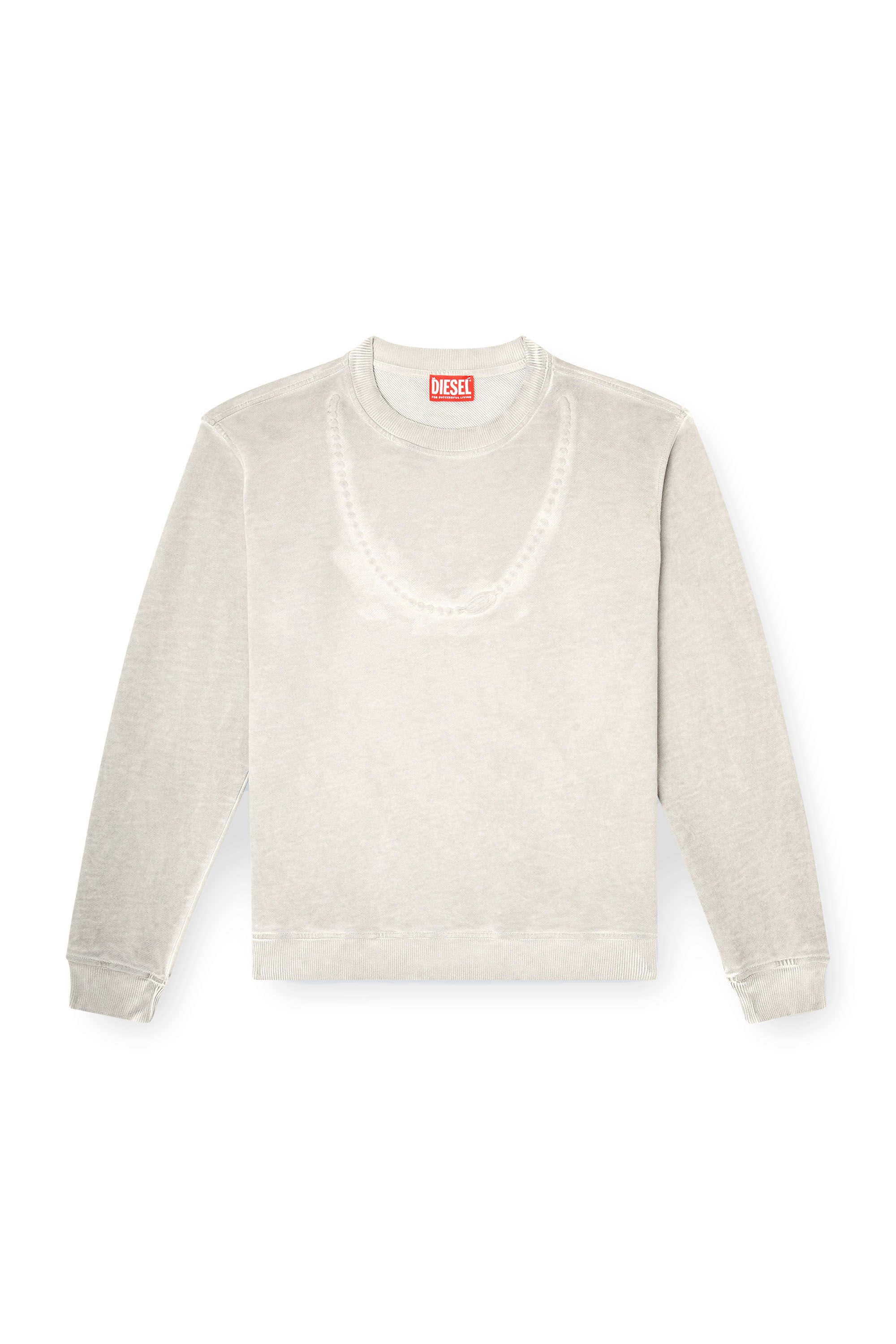 Diesel - F-NORMY-S2, Female's Damen-Sweatshirt mit Rundhalsausschnitt aus weichem Baumwollfleece, pigmentgefärbt für einen dezenten Used-Look. Reguläre Passform mit langen Ärmeln sowie einer geprägten Ketten- und Oval-D-Verzierung. in ライトグレー - 2