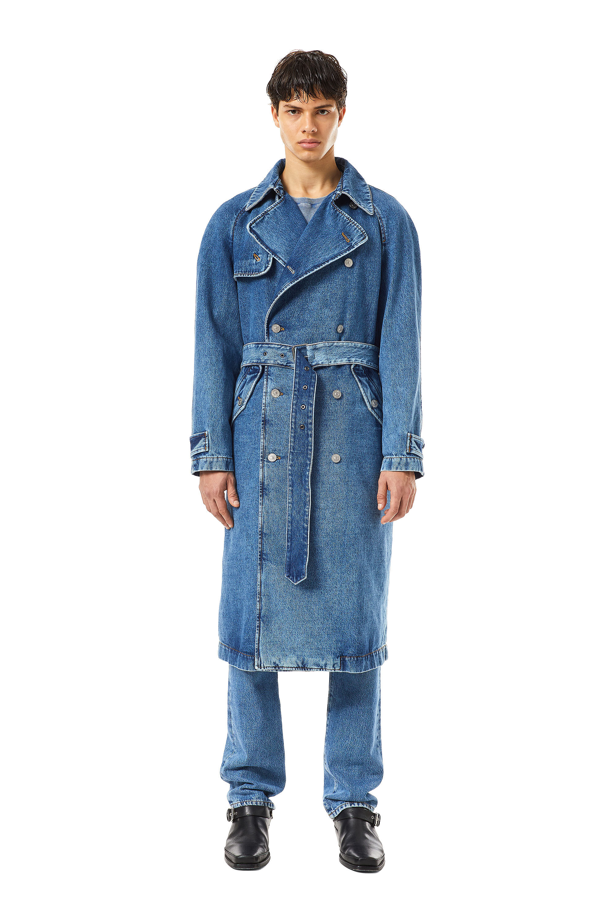 Diesel - D-DELIRIOUS DOUBLE BREASTED TRENCH COAT, Unisex's デニム トレンチコート in ミディアムブルー - 3