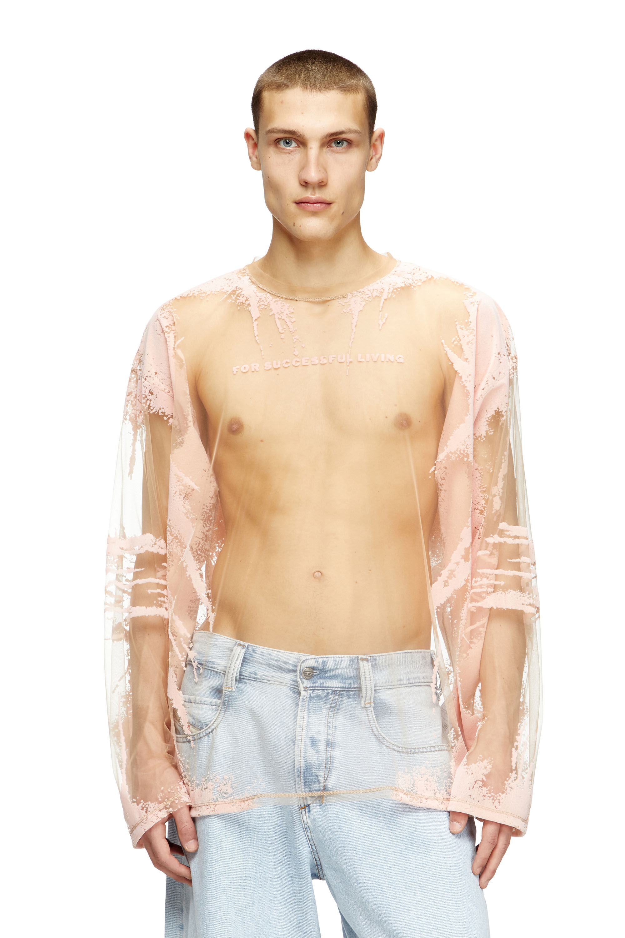 Diesel - T-HASSAN-LS-A, Unisex's Long-sleeve nylon T-shirt with lyrics print in ピンク / ホワイト - 3
