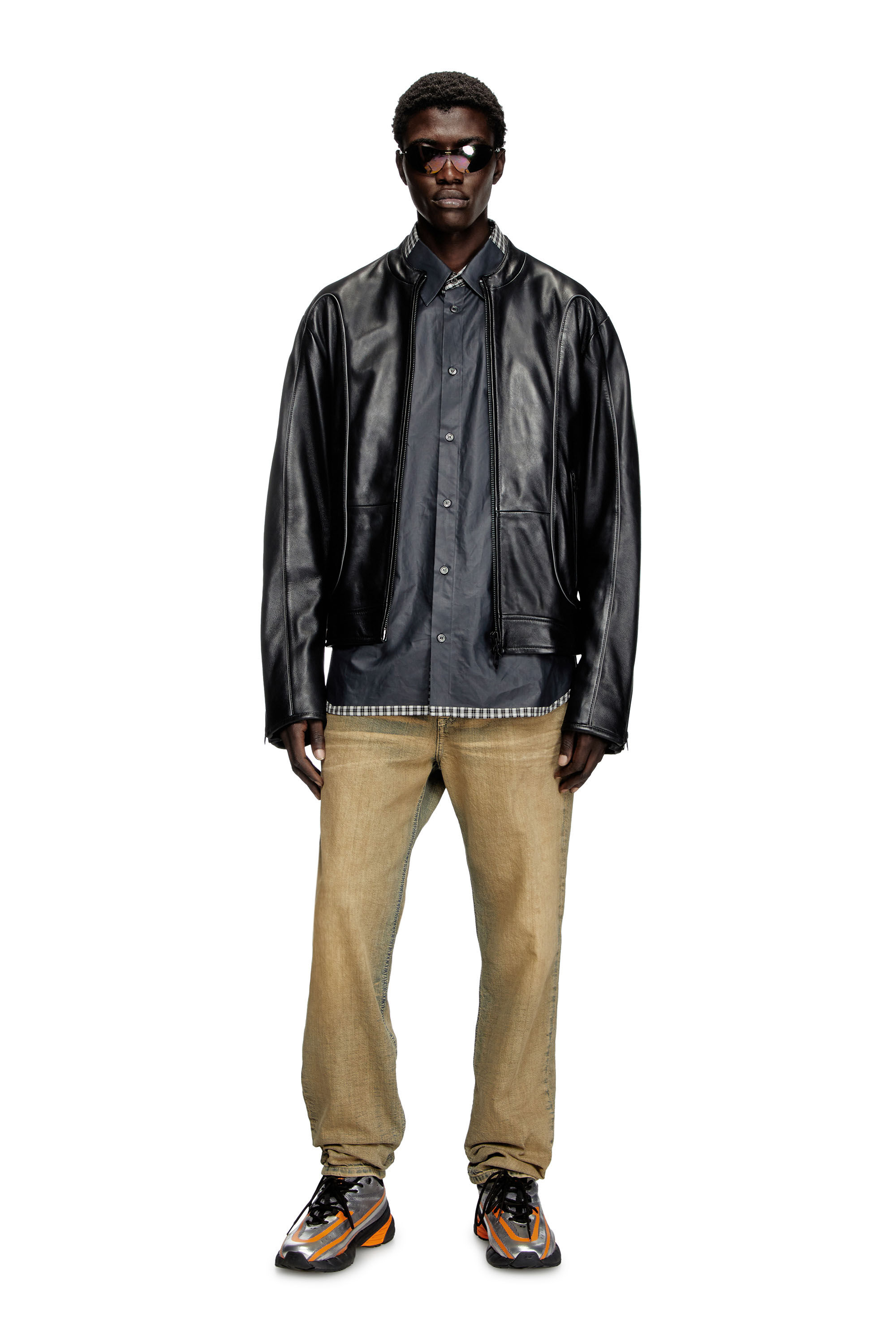 L-KRIXY Leather biker jacket with piping detail｜ブラック