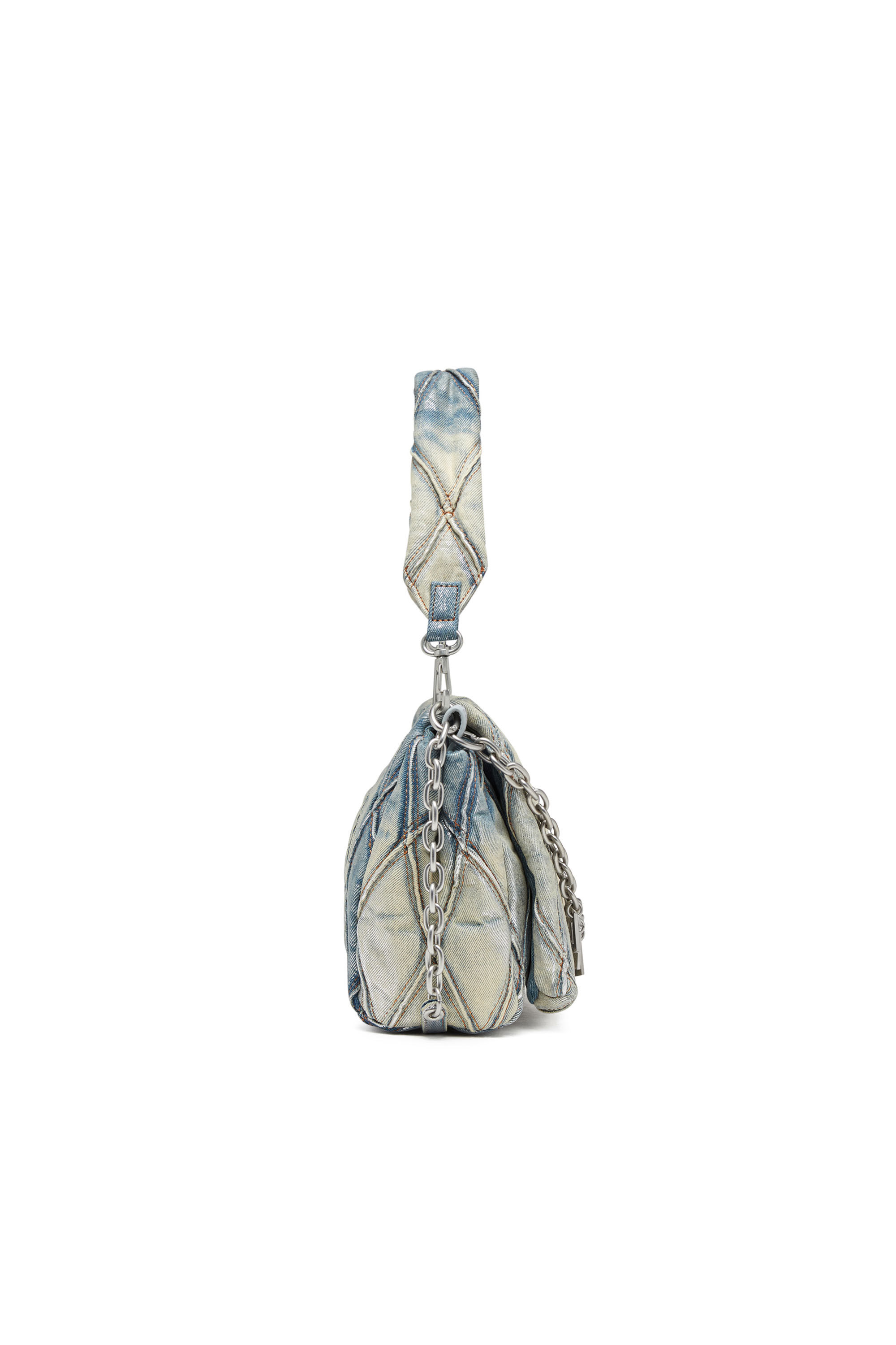 Diesel - CHARM-D SHOULDER M, Female's Charm-D M-Shoulder bag in metallic quilted denim in ライトブルー - 4