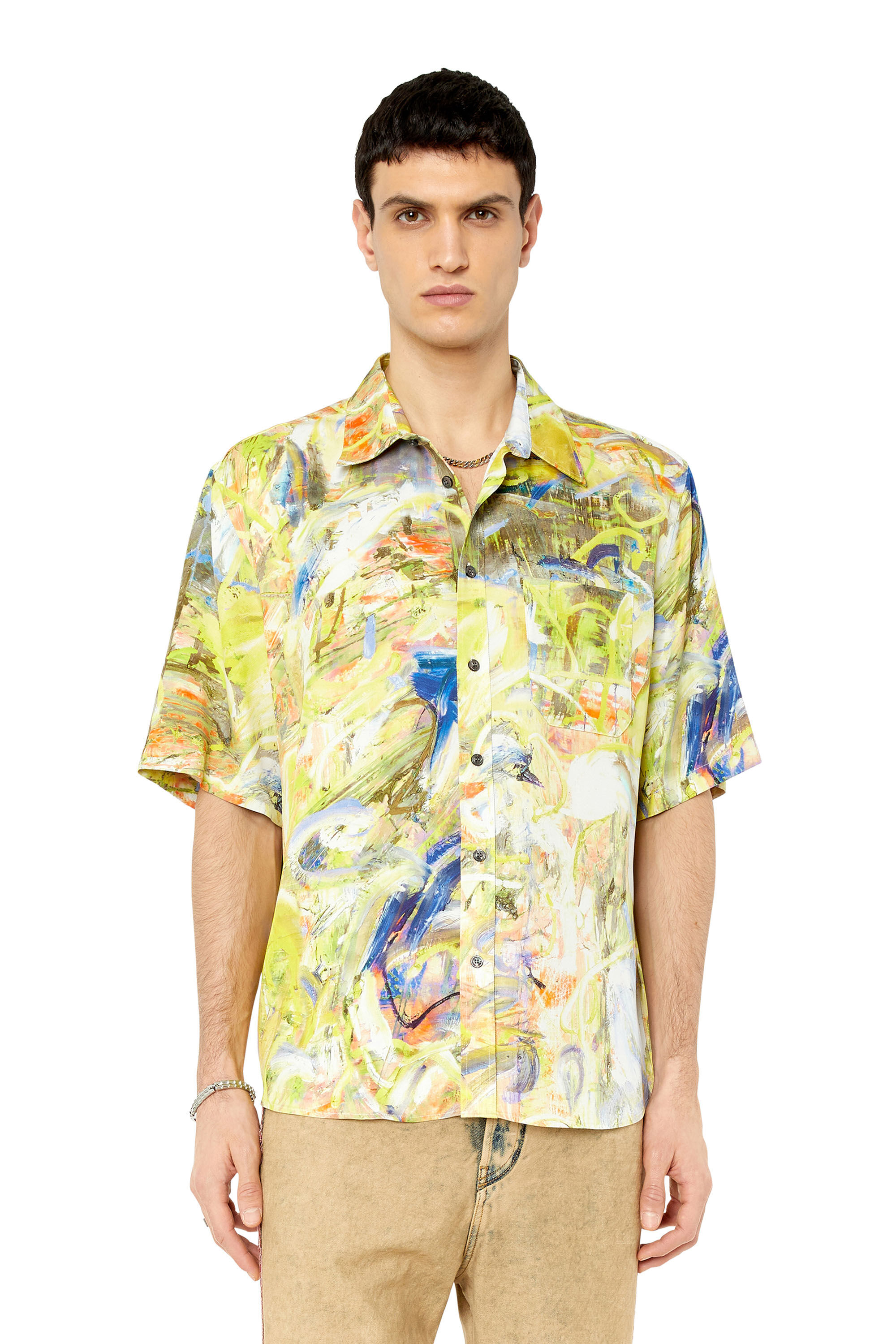 Diesel - S-UMBE-SSL-PRINT, Male's シャツ 半袖 オールオーバープリント in グリーン/イエロー - 3