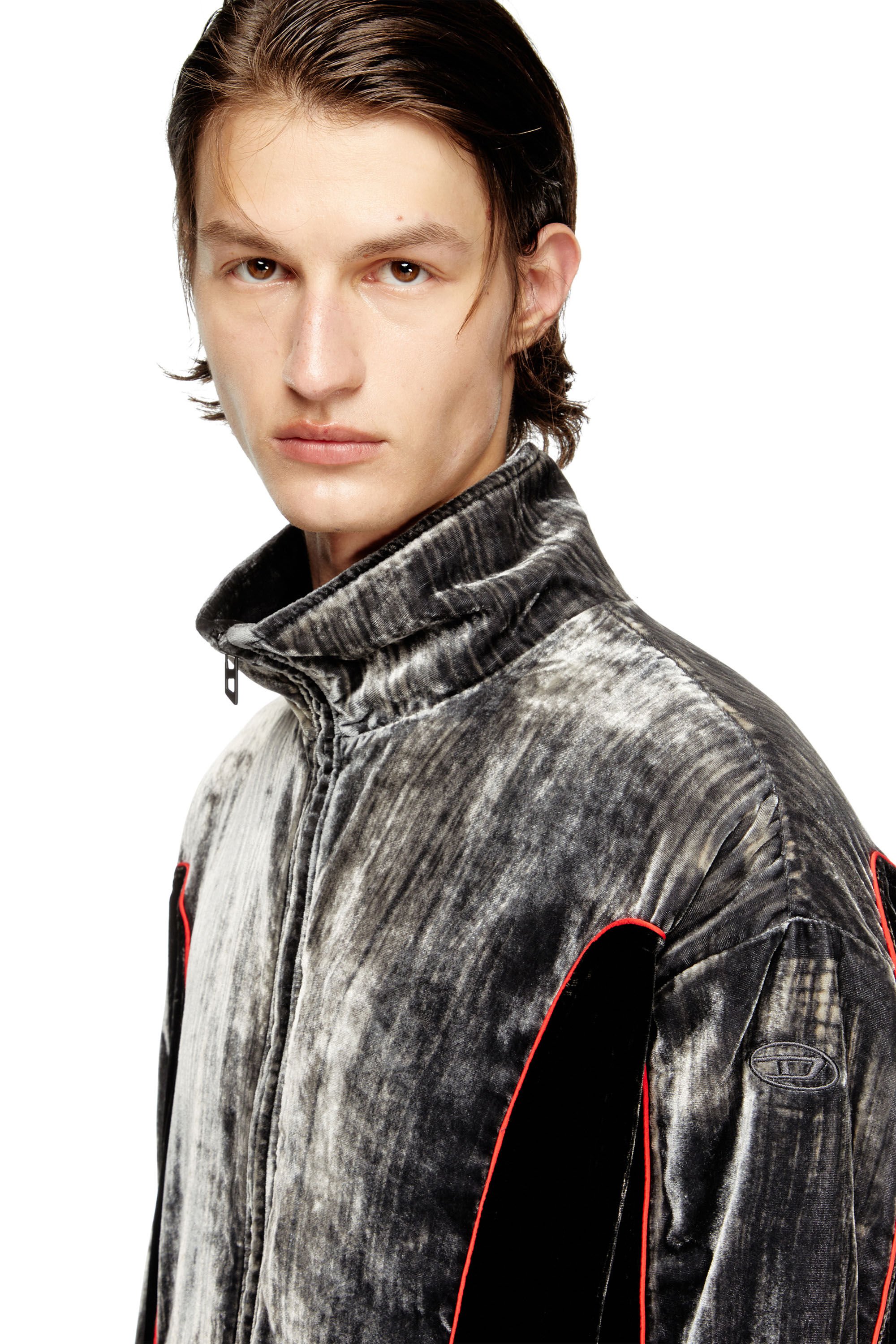 Diesel - J-HAY, Male's Track jacket in treated velvet in ブラック/レッド - 4