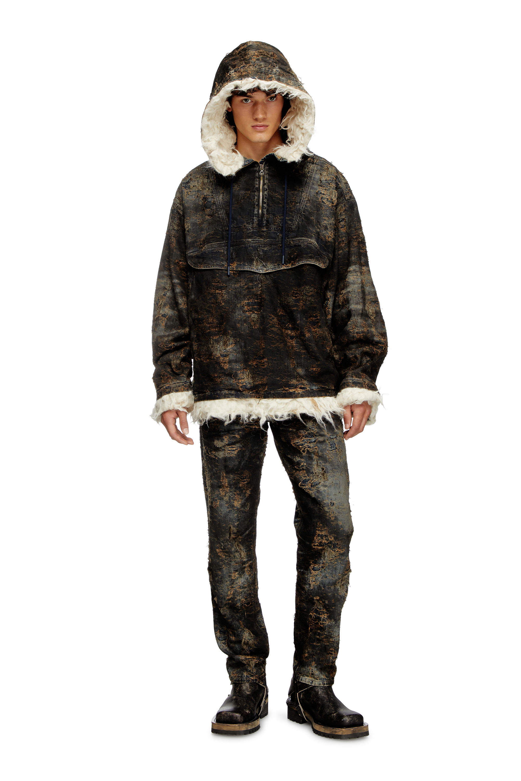 Diesel - D-ARAK-FSF, Unisex's Anorak in coated jacquard denim in ブラック/ブラウン - 1