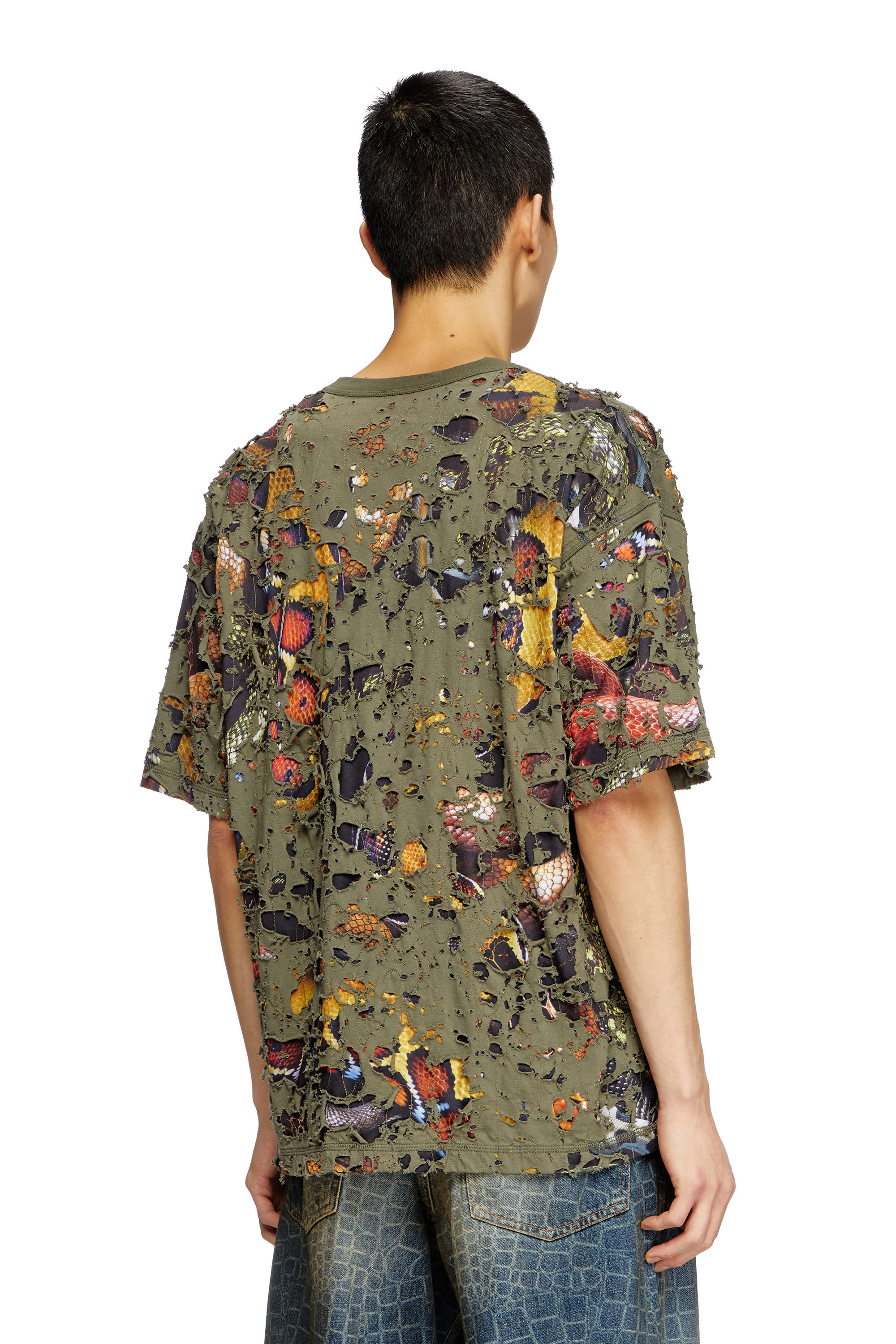 Diesel - CL-T-BOXT-DEVOR-SNAKE, Unisex's Snake-print T-shirt with destroyed overlay in オリーブグリーン - 4