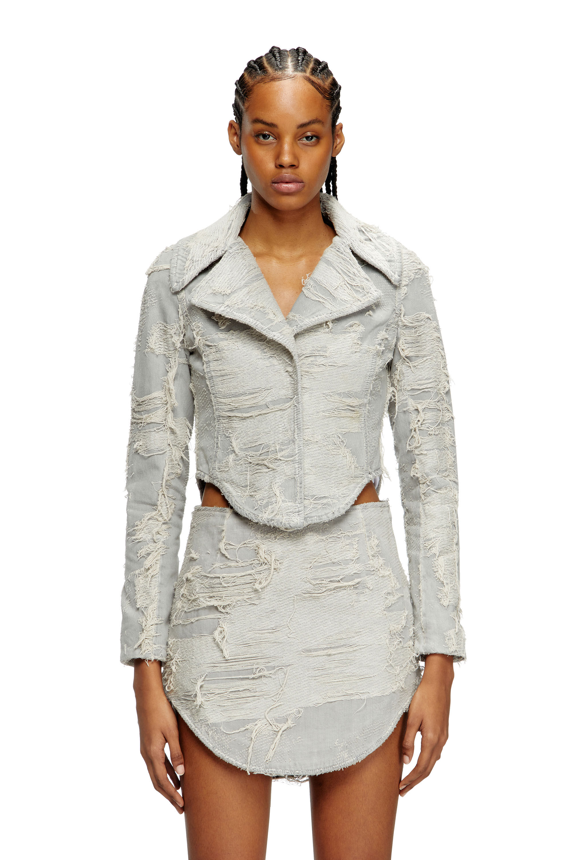 DE-ALI-FSG Jacket in overdyed floating-threads denim｜グレー
