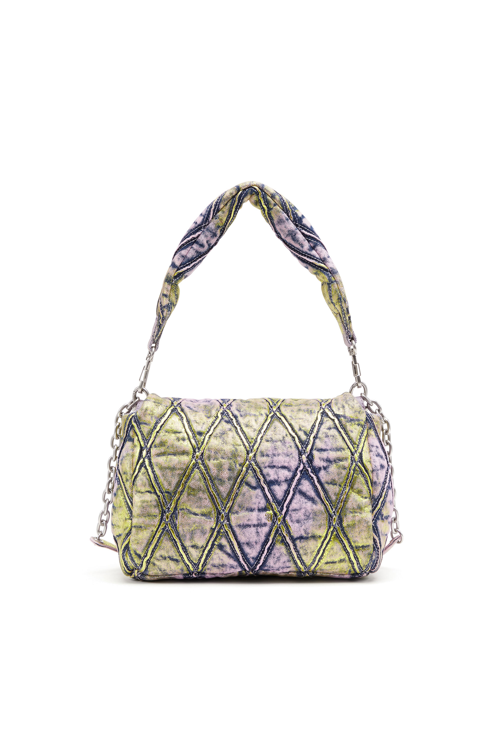 Diesel - CHARM-D SHOULDER M, Female's Charm-D M-Shoulder bag in shimmering quilted denim in ピンク/イエロー - 3