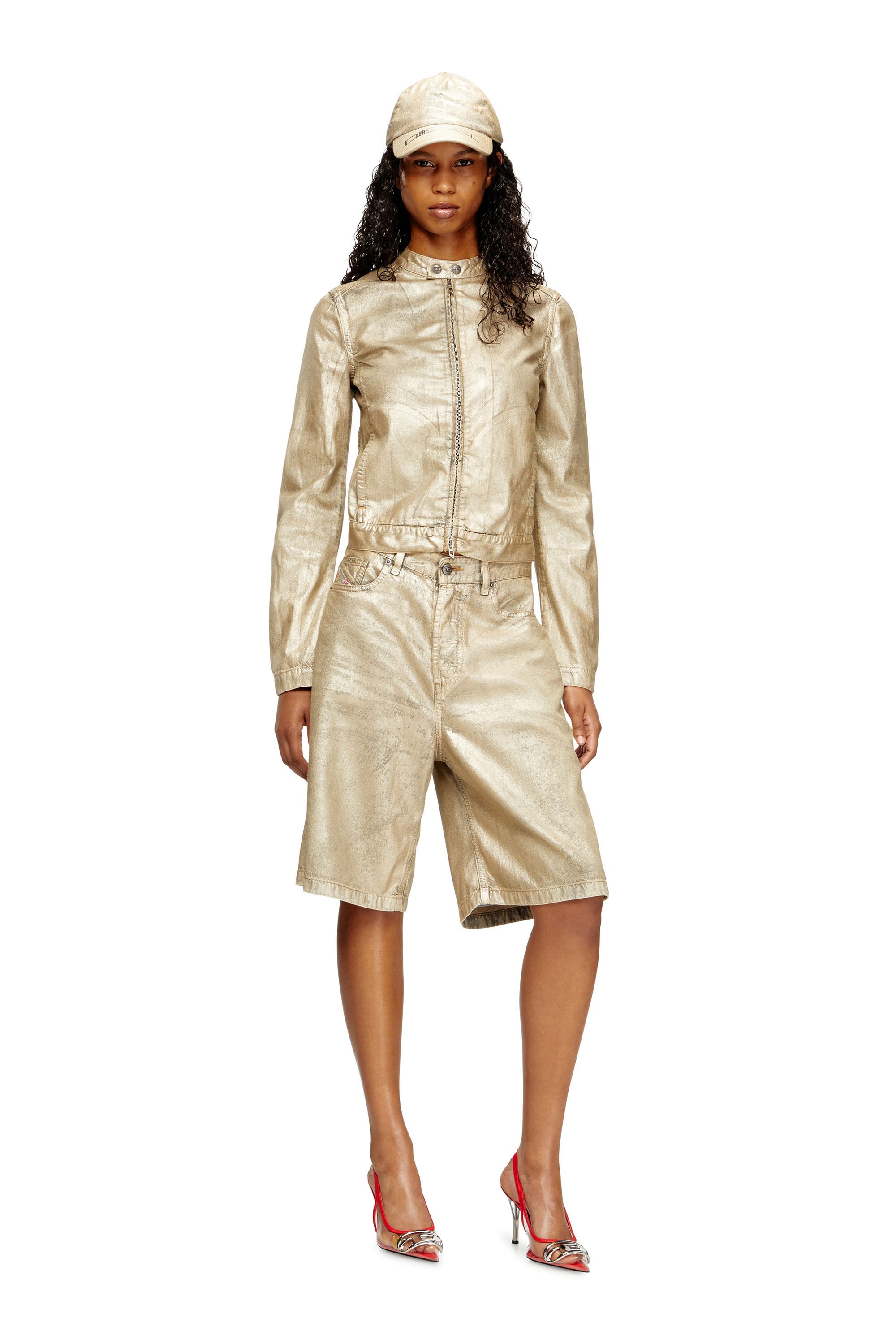 Diesel - DE-MORNIN-KG, Female's Moto jacket in distressed metallic denim in ゴールド - 1