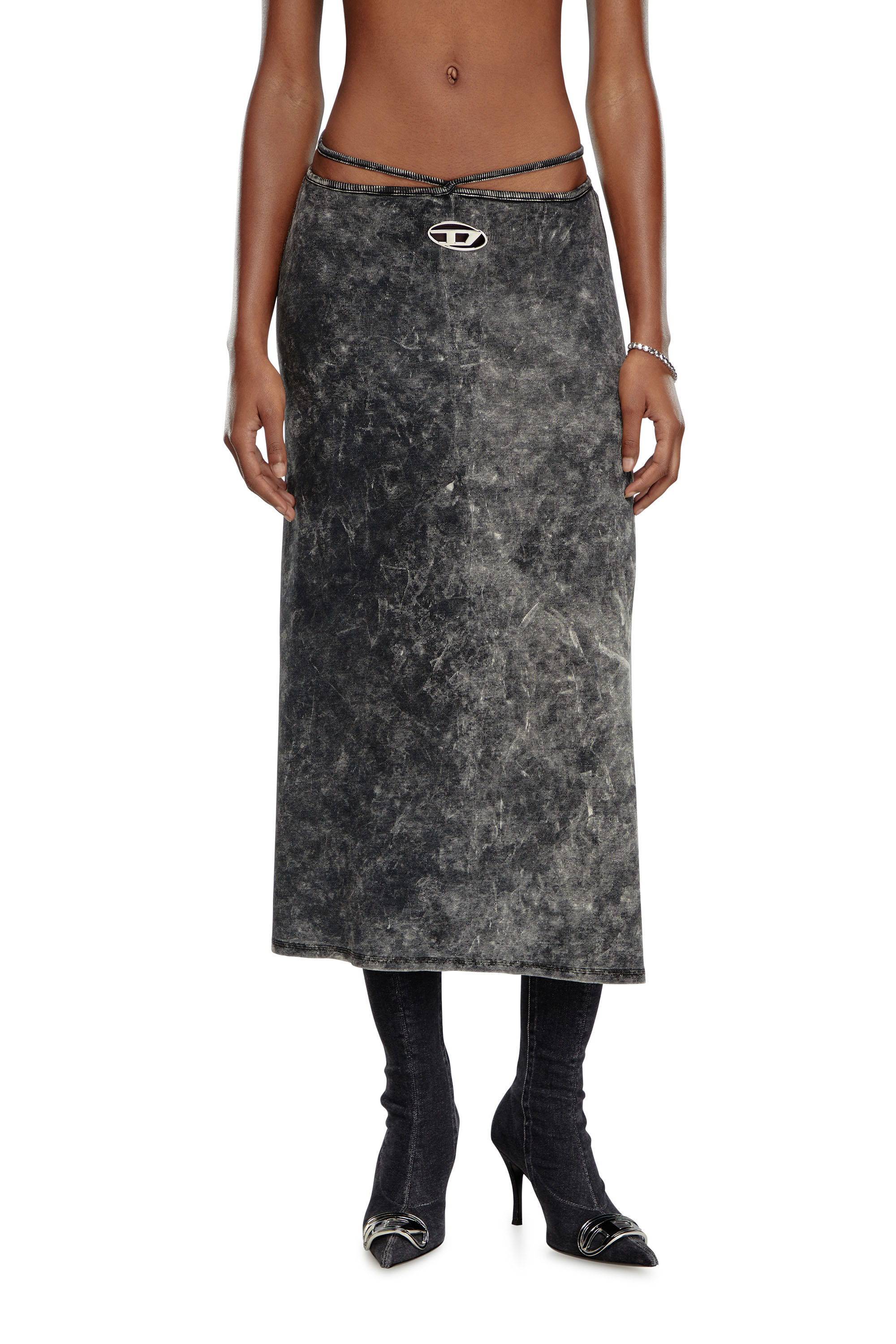 DIESEL>>ディーゼル O-Rossi マーブル ミディスカート O-ROSSI Marbled midi skirt with wrap-around ties｜グレー