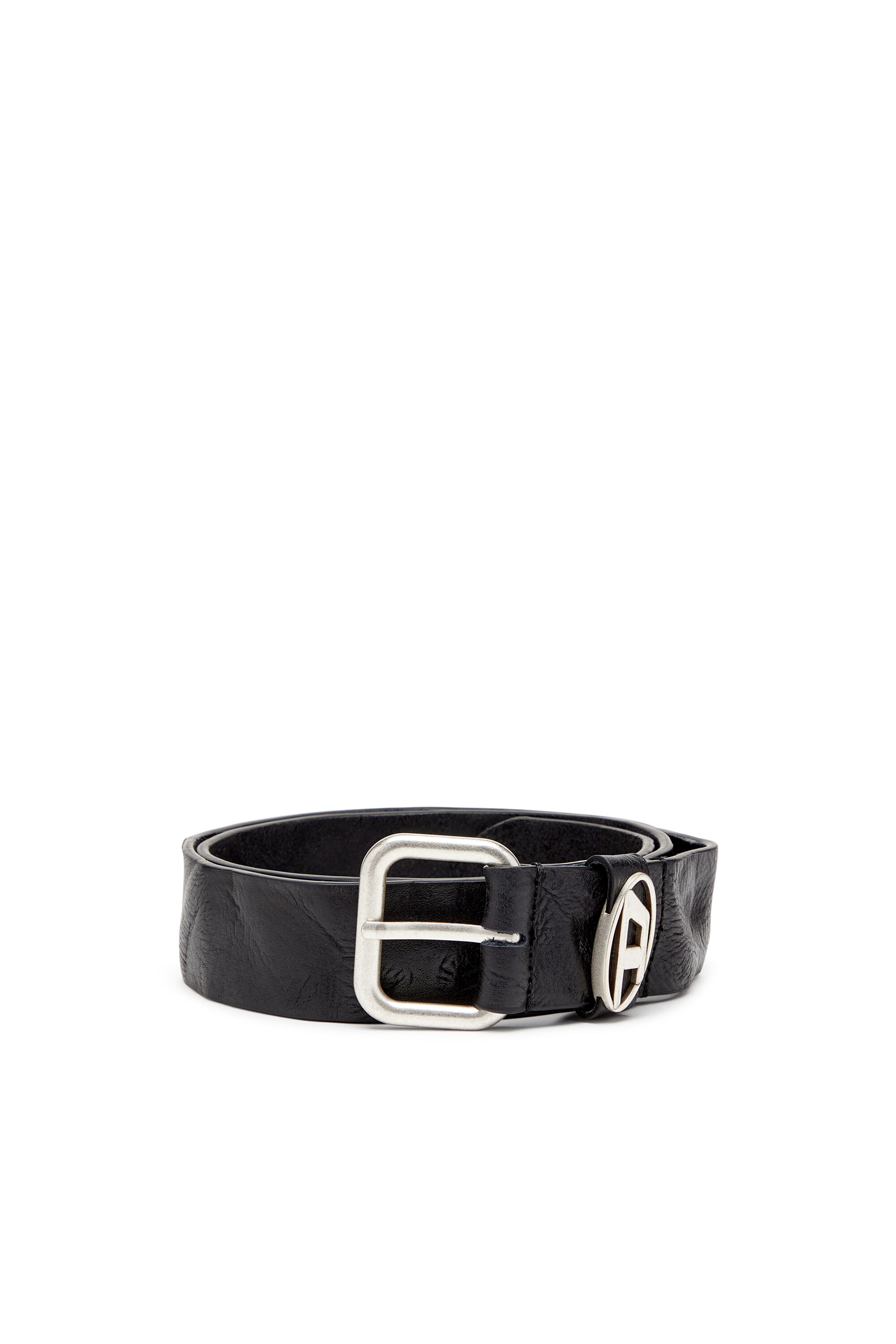 Diesel - B-1DR OVAL D LOOP, Unisex's Logo-plaque wrinkled leather belt in ブラック - 1