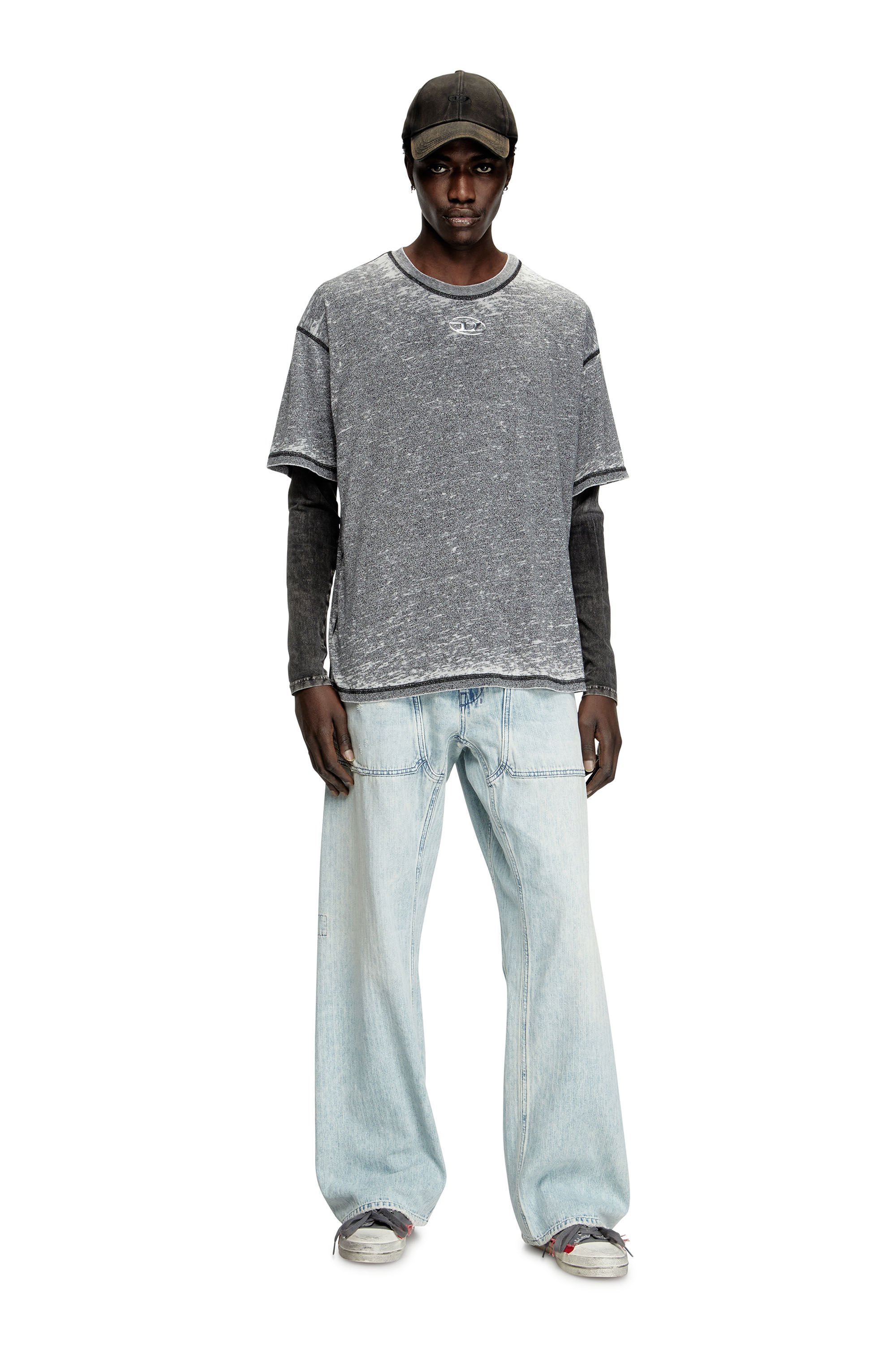 Diesel - T-BOXT-PAK, Male's Burnout T-shirt with metal-look logo in グレー - 1