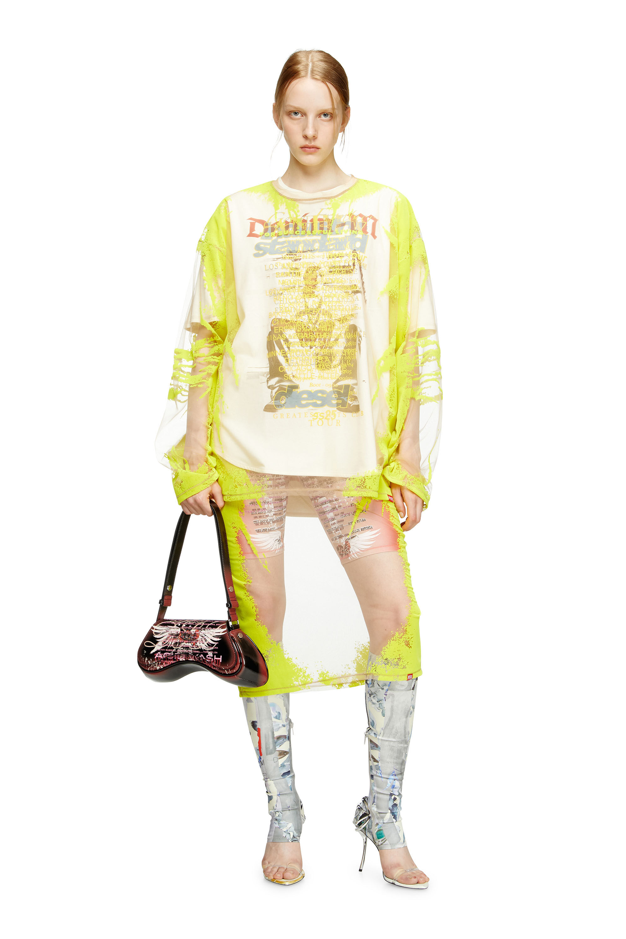 Diesel - O-LYAC, Female's Layered midi skirt with lyrics print in イエロー/ピンク - 1