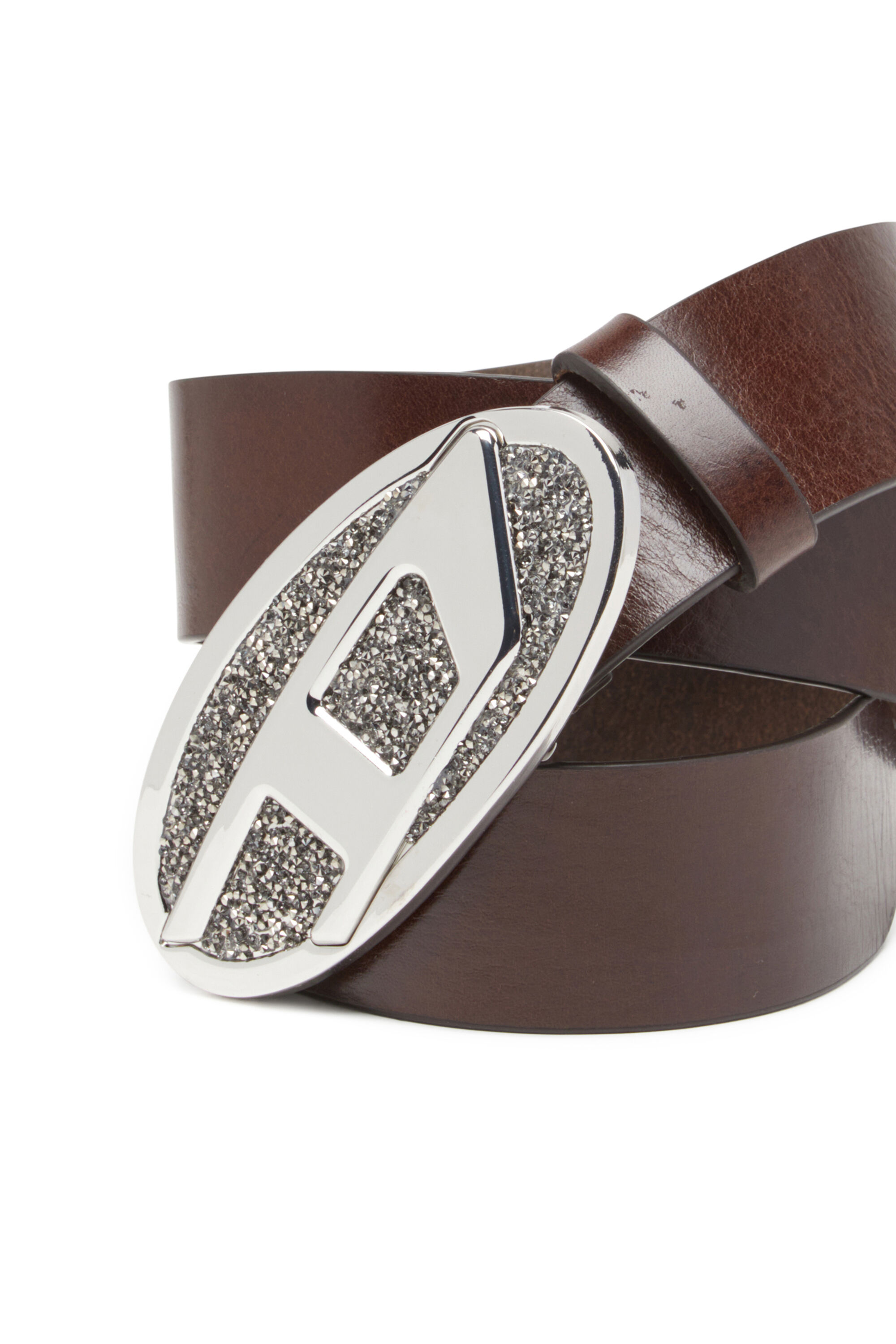 Diesel - B-1DR 2.0 FULL ROCKS, Female's 4cm leather belt with rhinestone Oval D buckle in ブラウン - 3