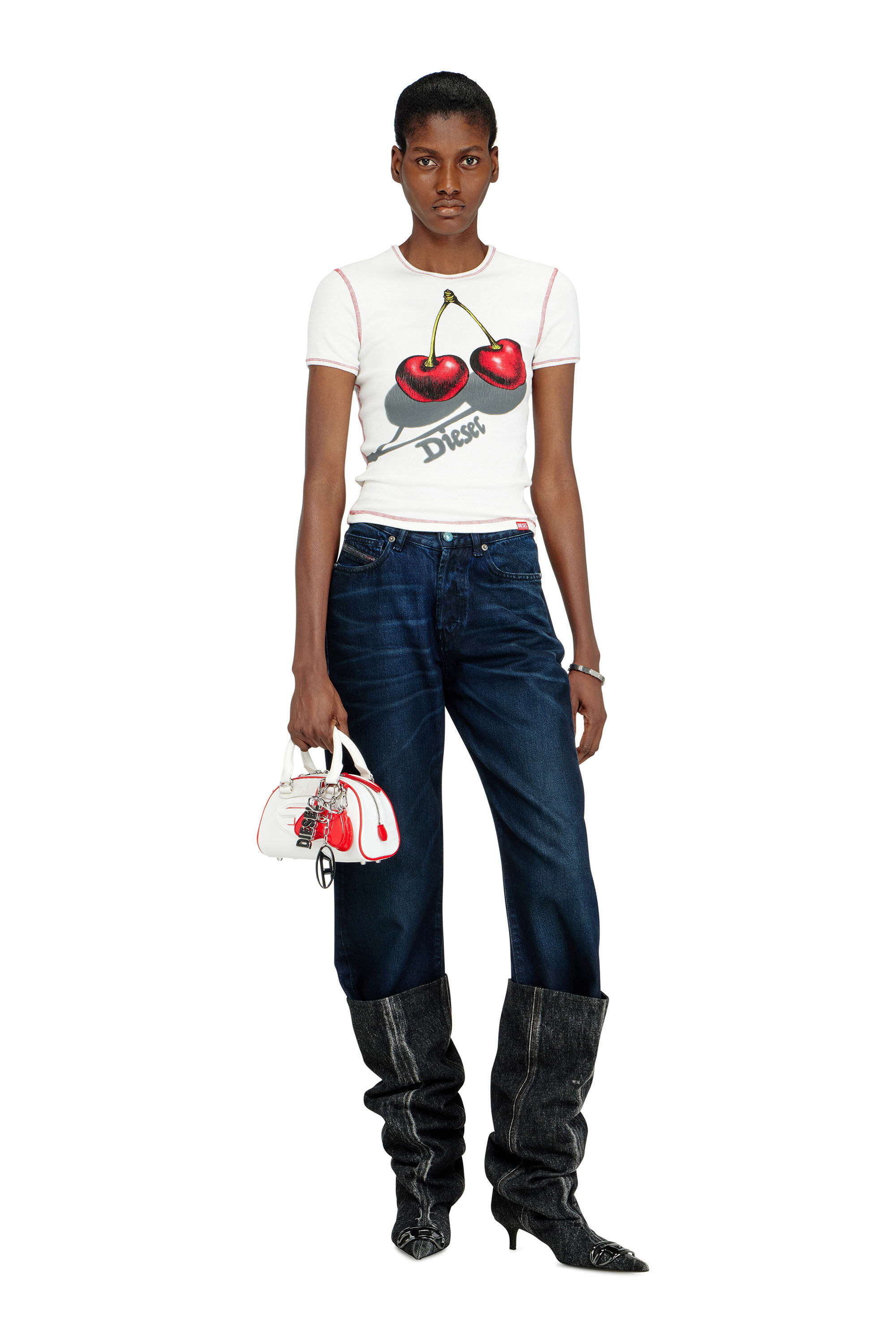 SV-T-ELE-CHER Slim cotton T-shirt with cherry print｜ホワイト