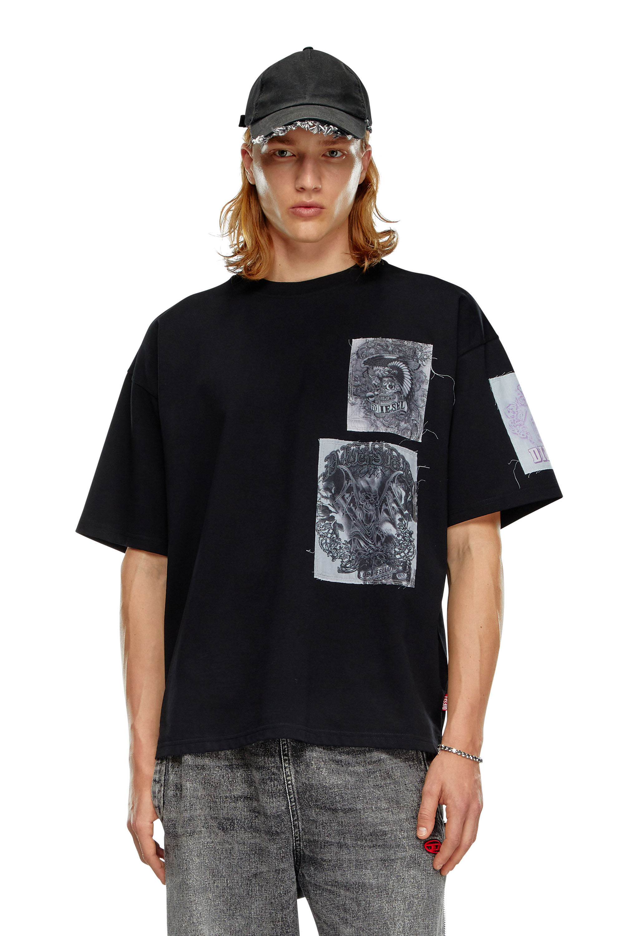 T-BOXT-SLITS-Q10 T-shirt with raw-cut printed patches｜ブラック｜メンズ｜DIESEL