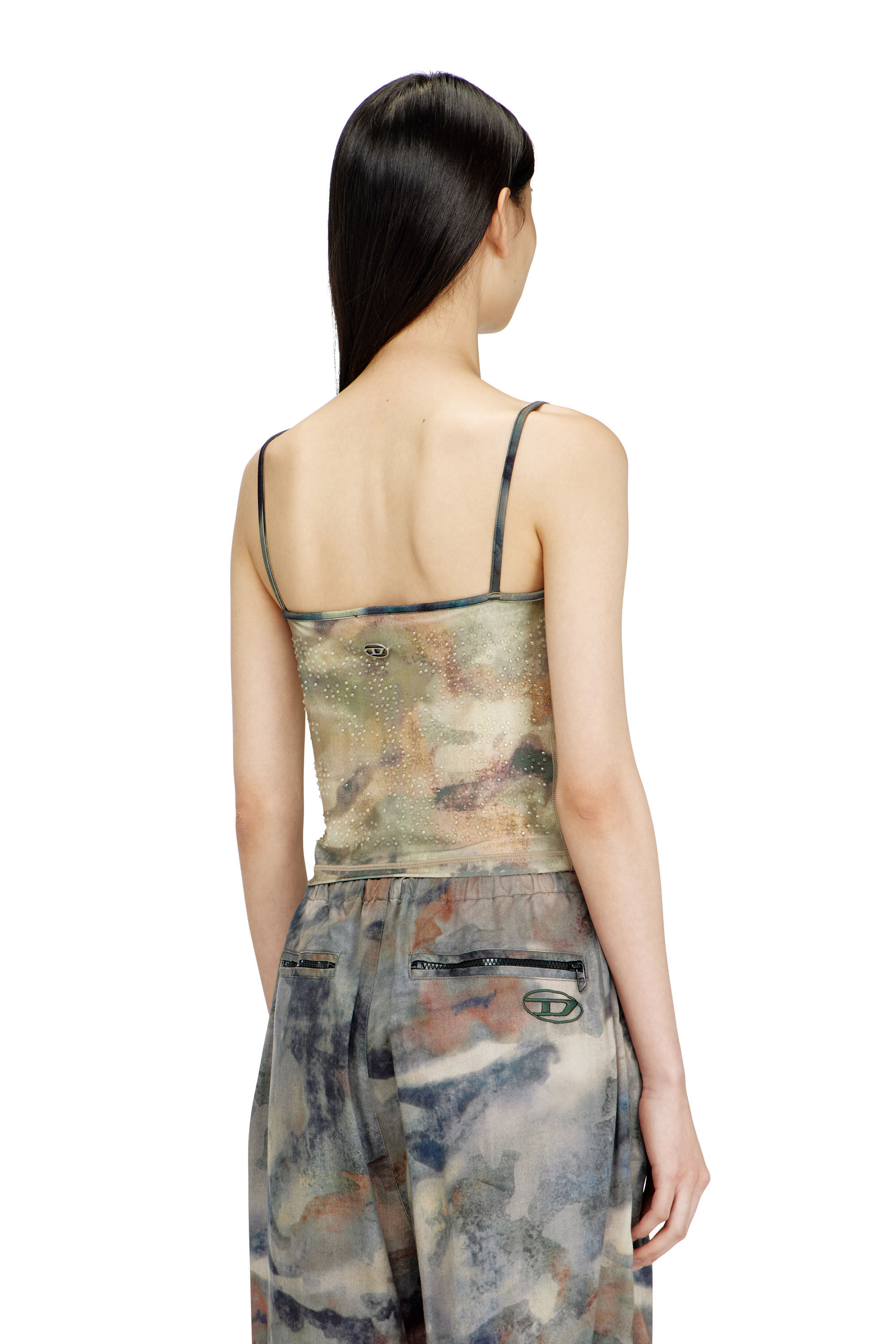 Diesel - T-IPLU, Female's Nylon skinny top with all-over camou and crystal details in グリーン - 4