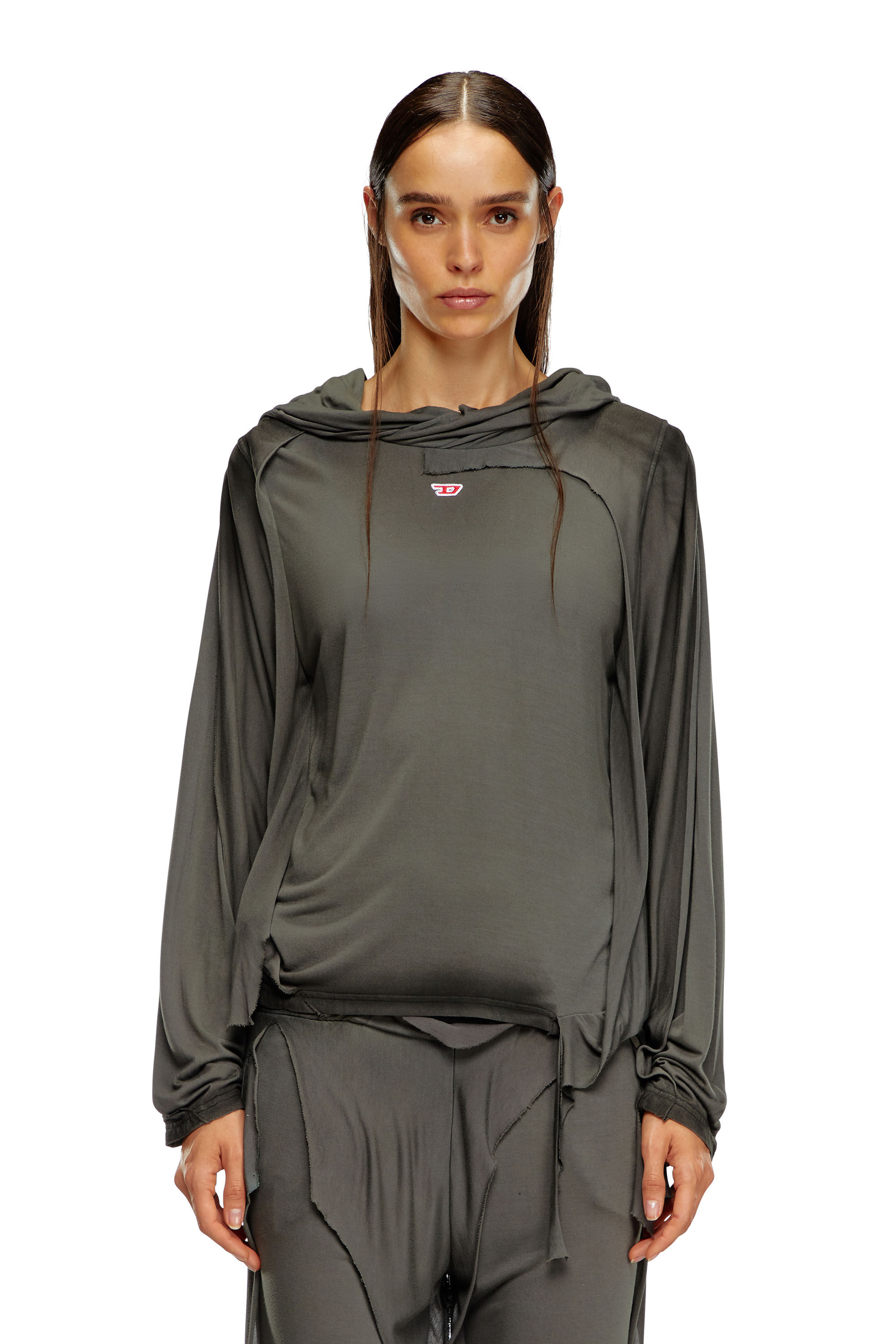 Diesel - T-AGO, Female's Destroyed hooded top in layered jersey in ダークグレー - 5