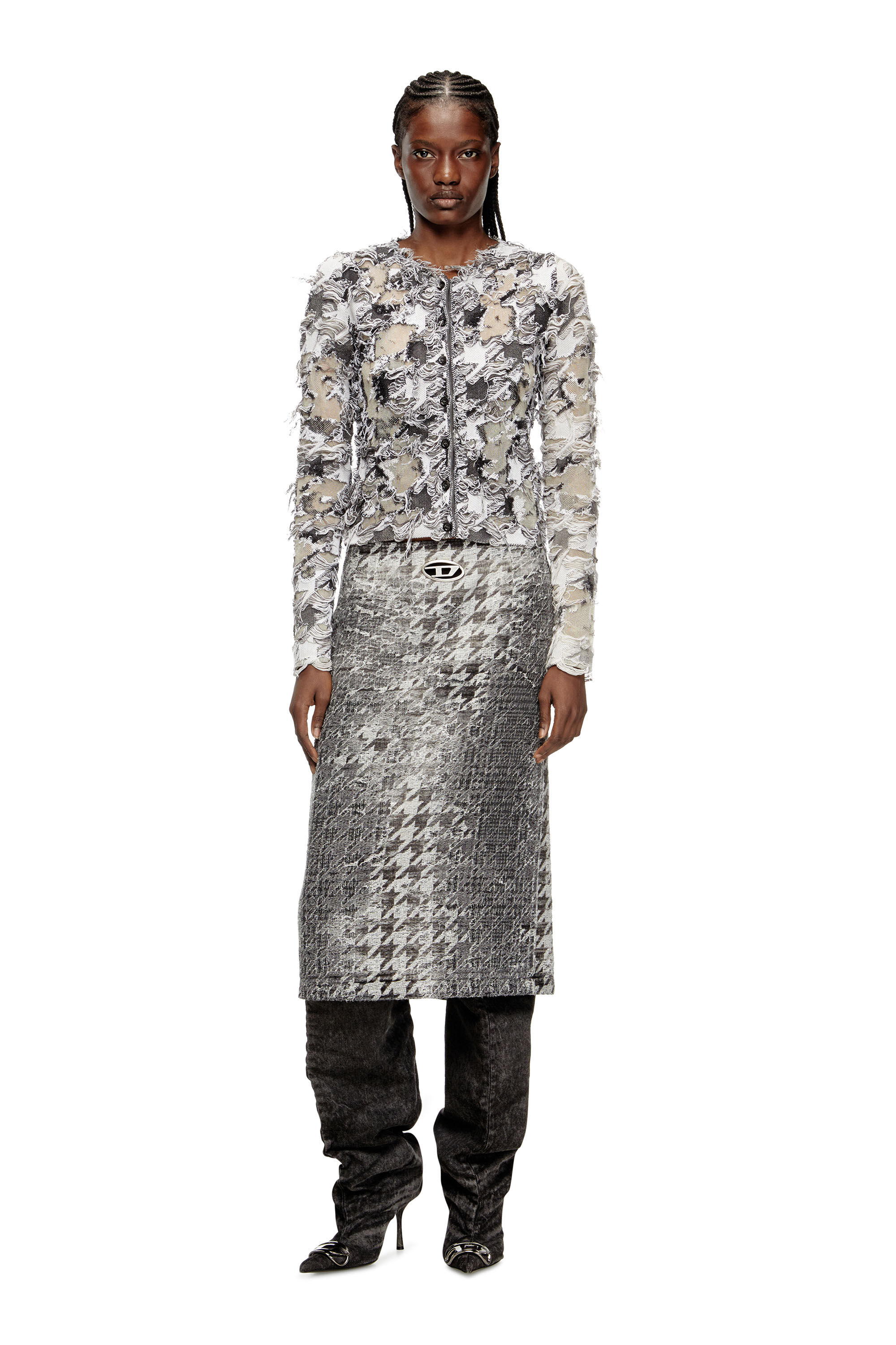 Diesel - DE- RATHIAN-FSH, Female's Midi skirt in Prince of Wales jacquard denim in ブラック/ホワイト - 1