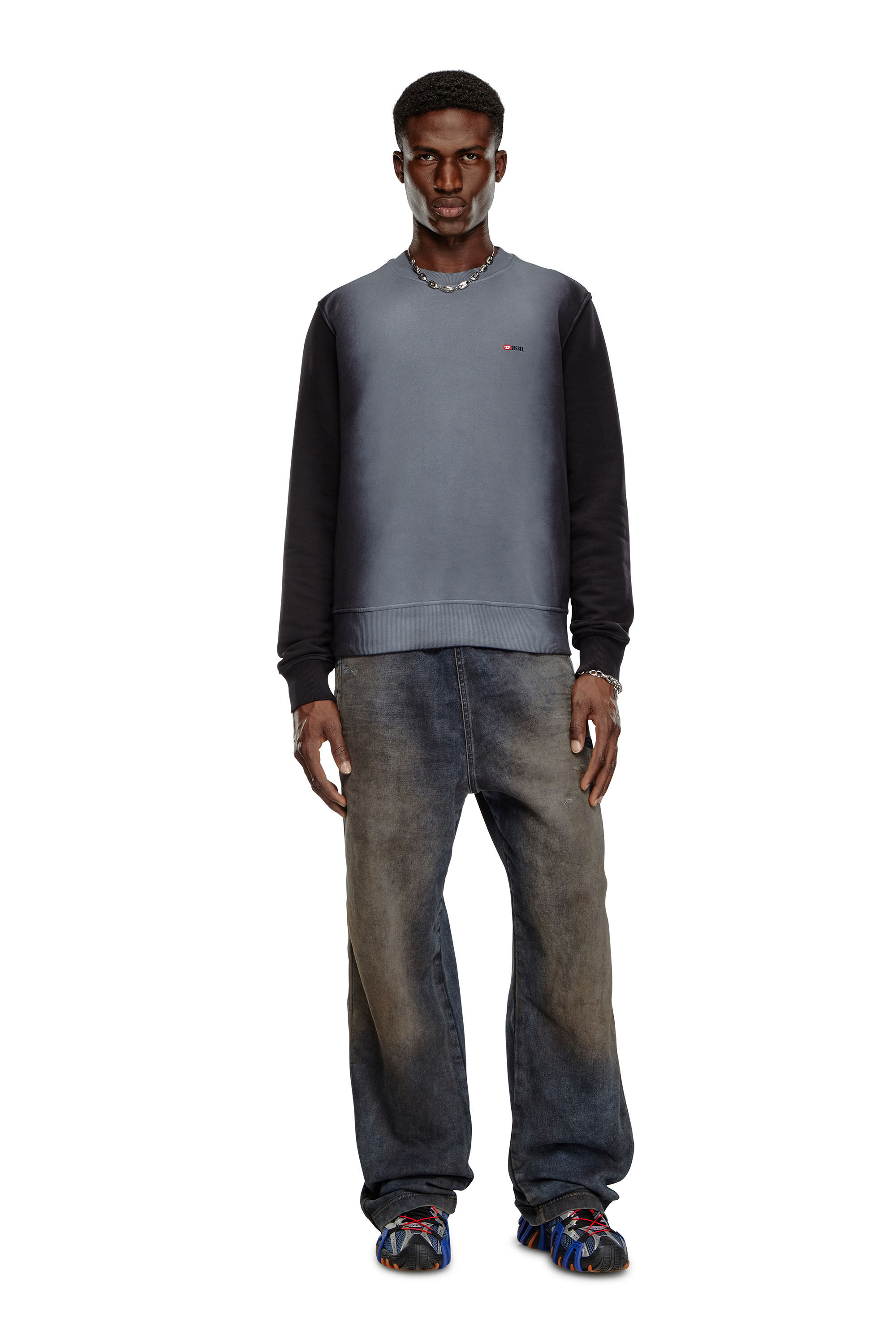 S-GINN-K48 Cotton sweatshirt with faded patches｜ブラック｜メンズ｜DIESEL