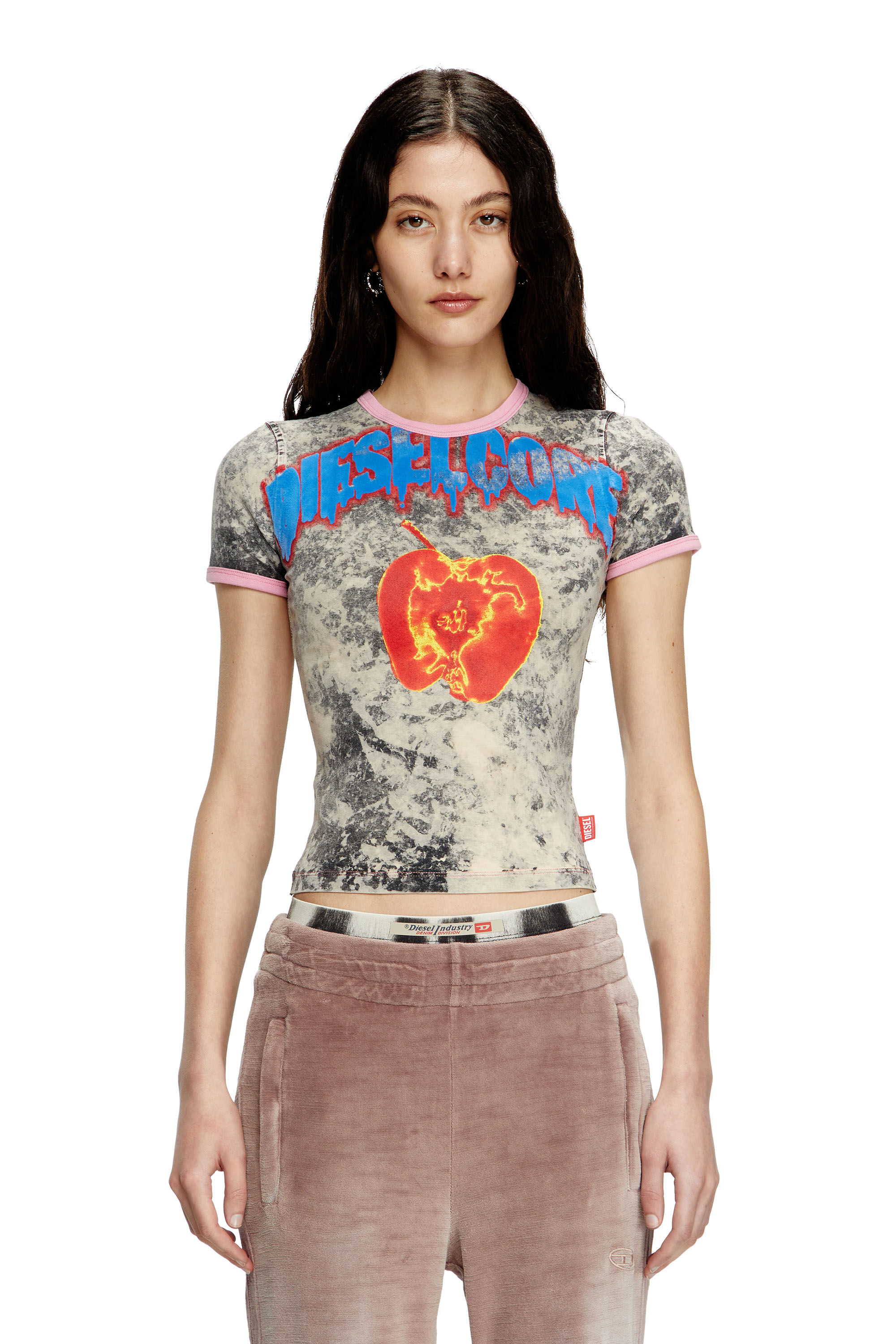 Diesel - T-UNCUTIES-SHORT-Q1, Female's T-shirt with Diesel Core print in グレー - 3