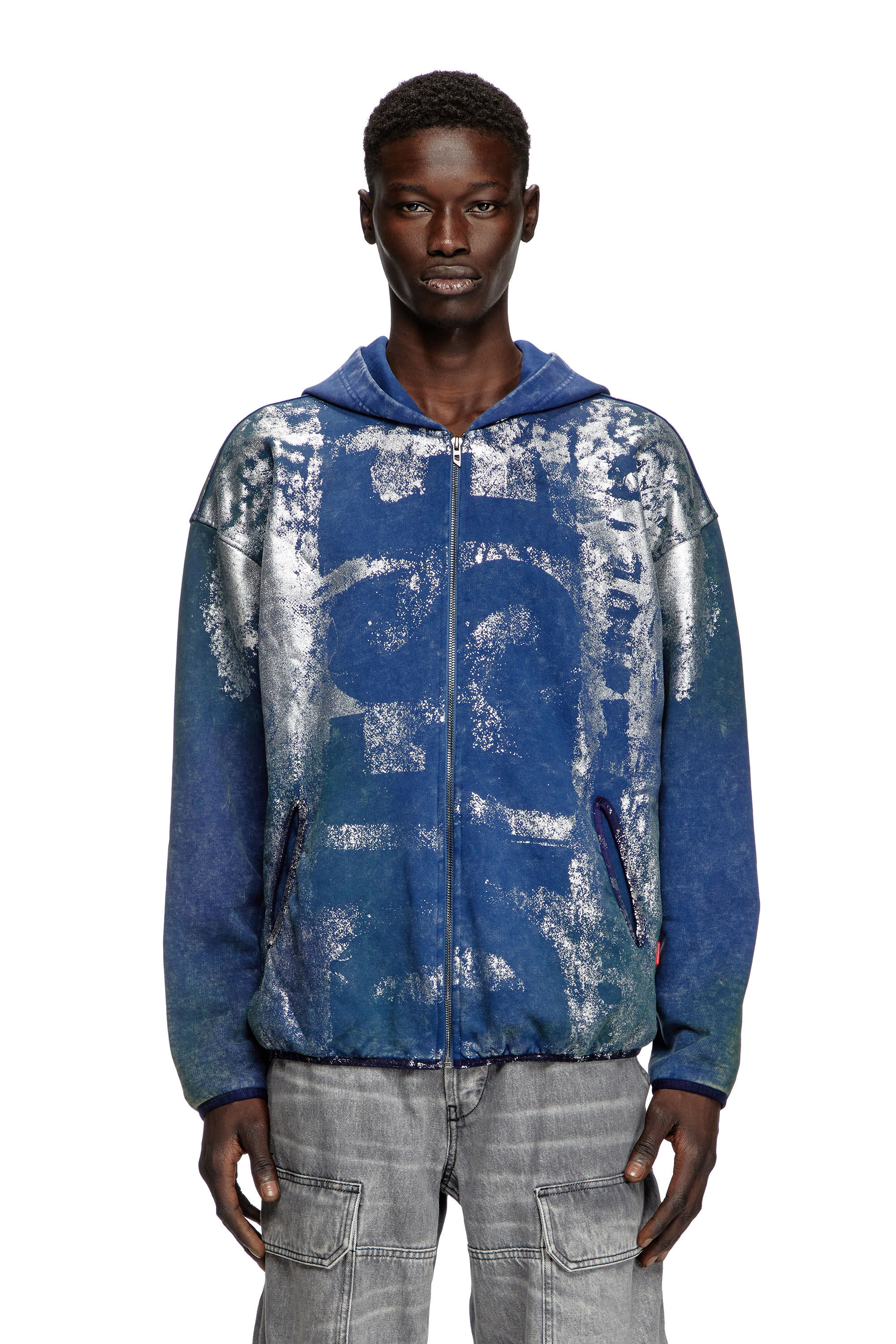 S-LOXTY-ZIP Zip-up hoodie with distressed effects｜ブルー｜メンズ｜DIESEL