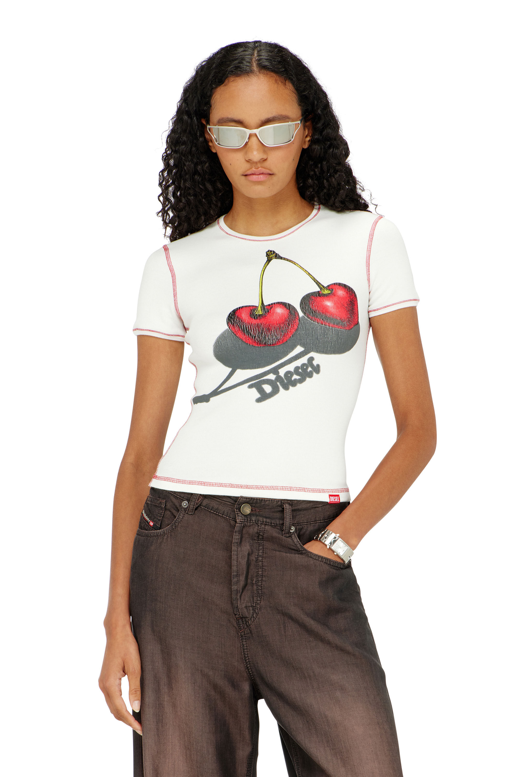 Diesel - SV-T-ELE-CHER, Female's Slim cotton T-shirt with cherry print in ホワイト - 3