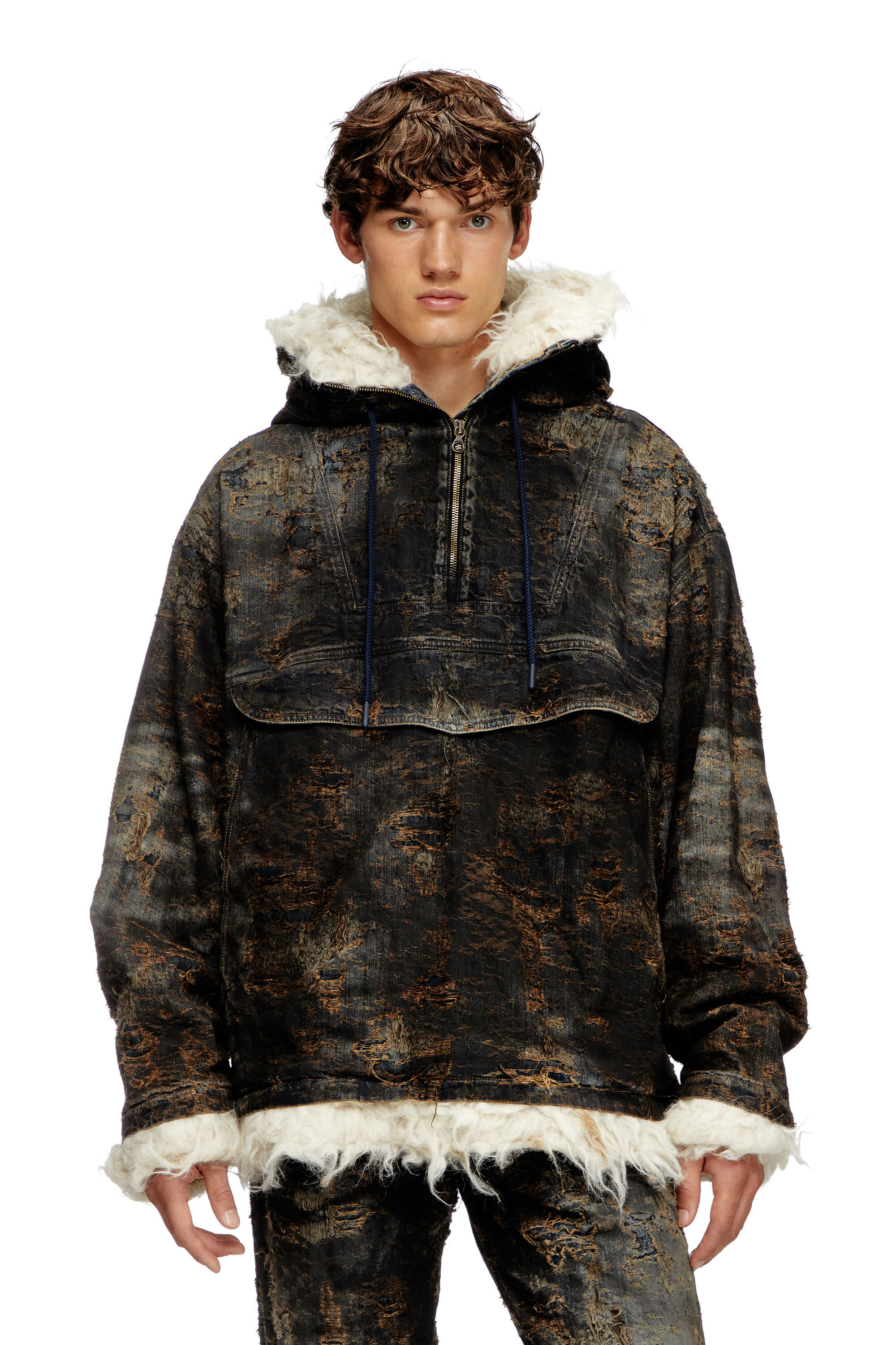 Diesel - D-ARAK-FSF, Unisex's Anorak in coated jacquard denim in ブラック/ブラウン - 3