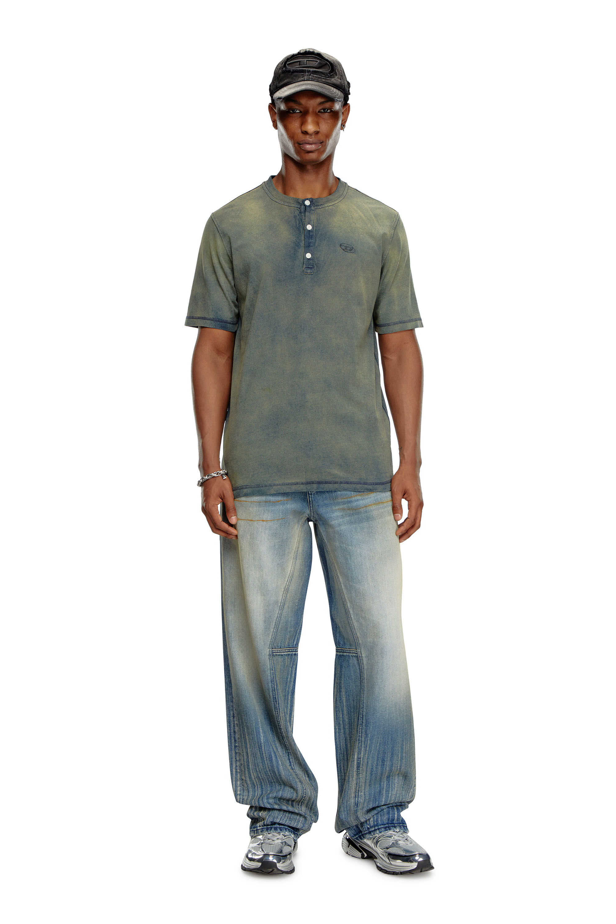 Diesel - T-GOR, Male's Henley T-shirt in treated jersey in ミディアムブルー - 1