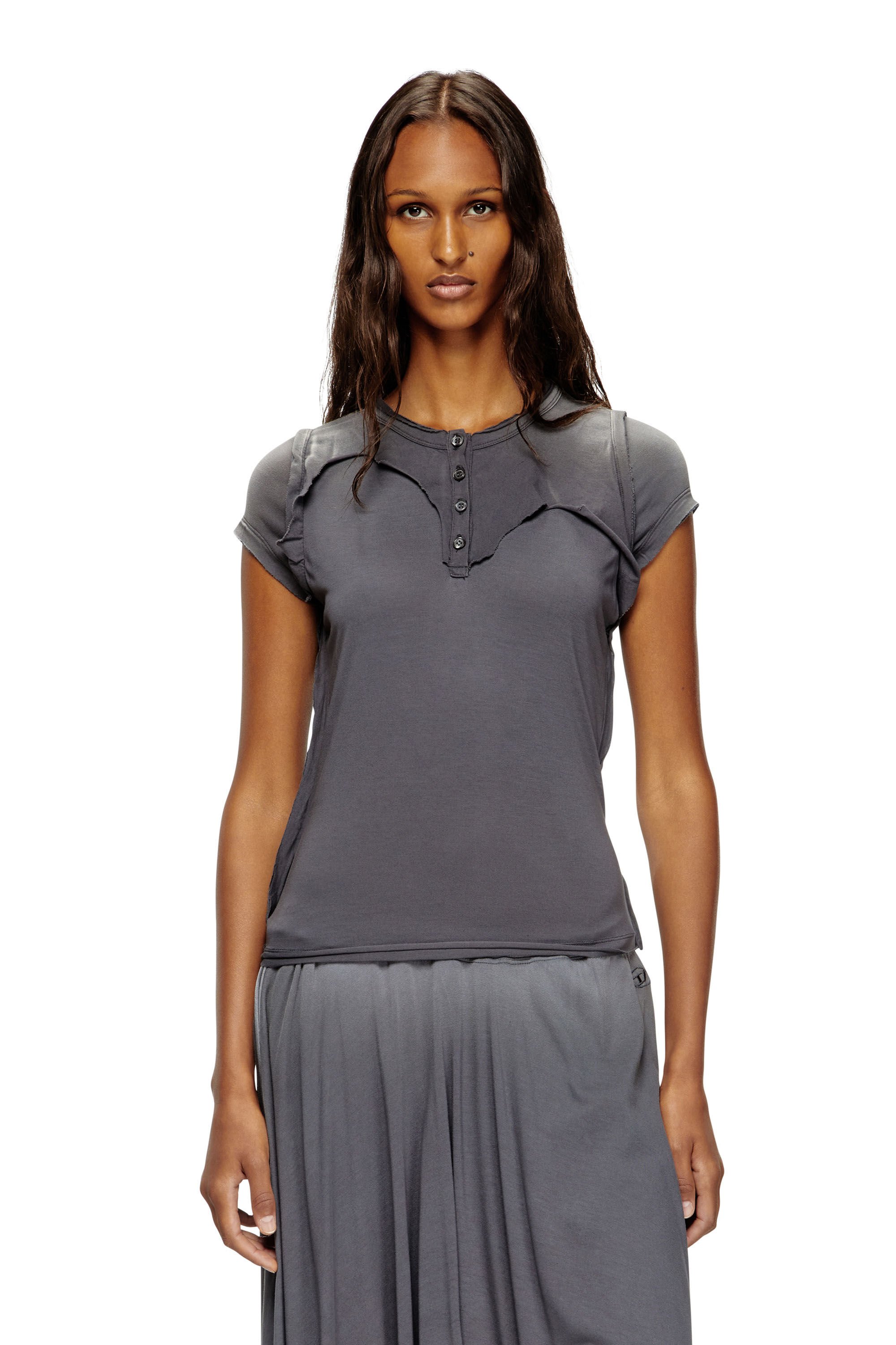 Diesel - T-UNRAWY, Female's Henley T-shirt with peel-off effect in グレー - 3