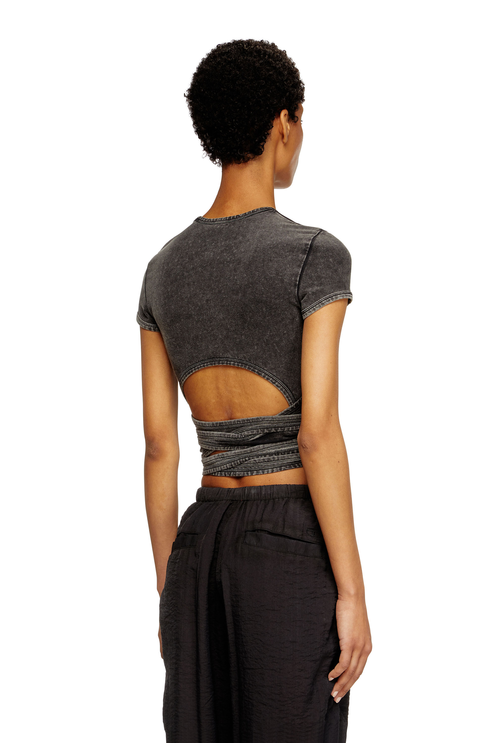 T-BUNNY-TAIL-R1 Denim-look T-shirt with wrap ties｜ブラック