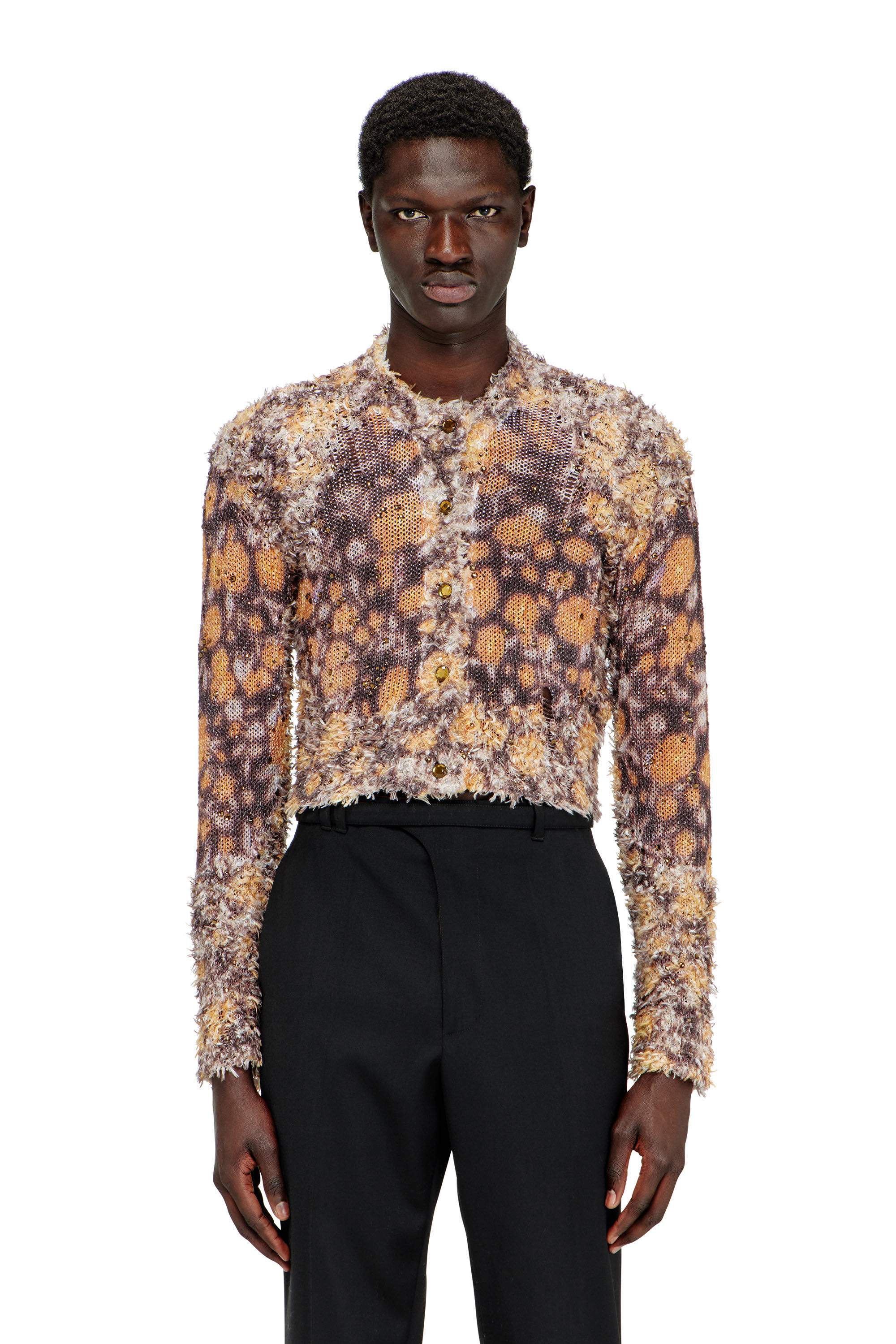 M-LINNEA Printed cropped cardigan with crystals｜ブラウン