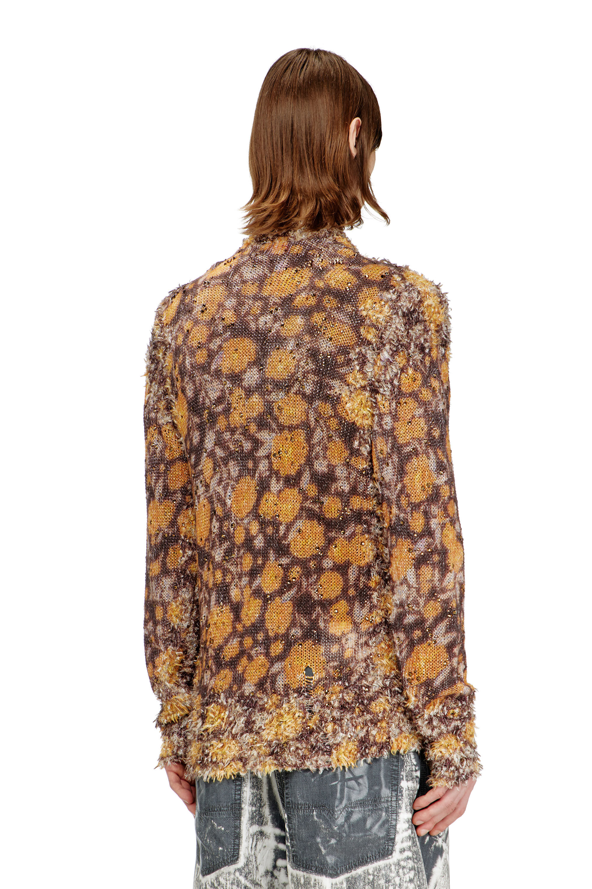 Diesel - K-LINNUS, Male's Printed linen-blend cardigan with crystals in ブラウン/オレンジ - 5