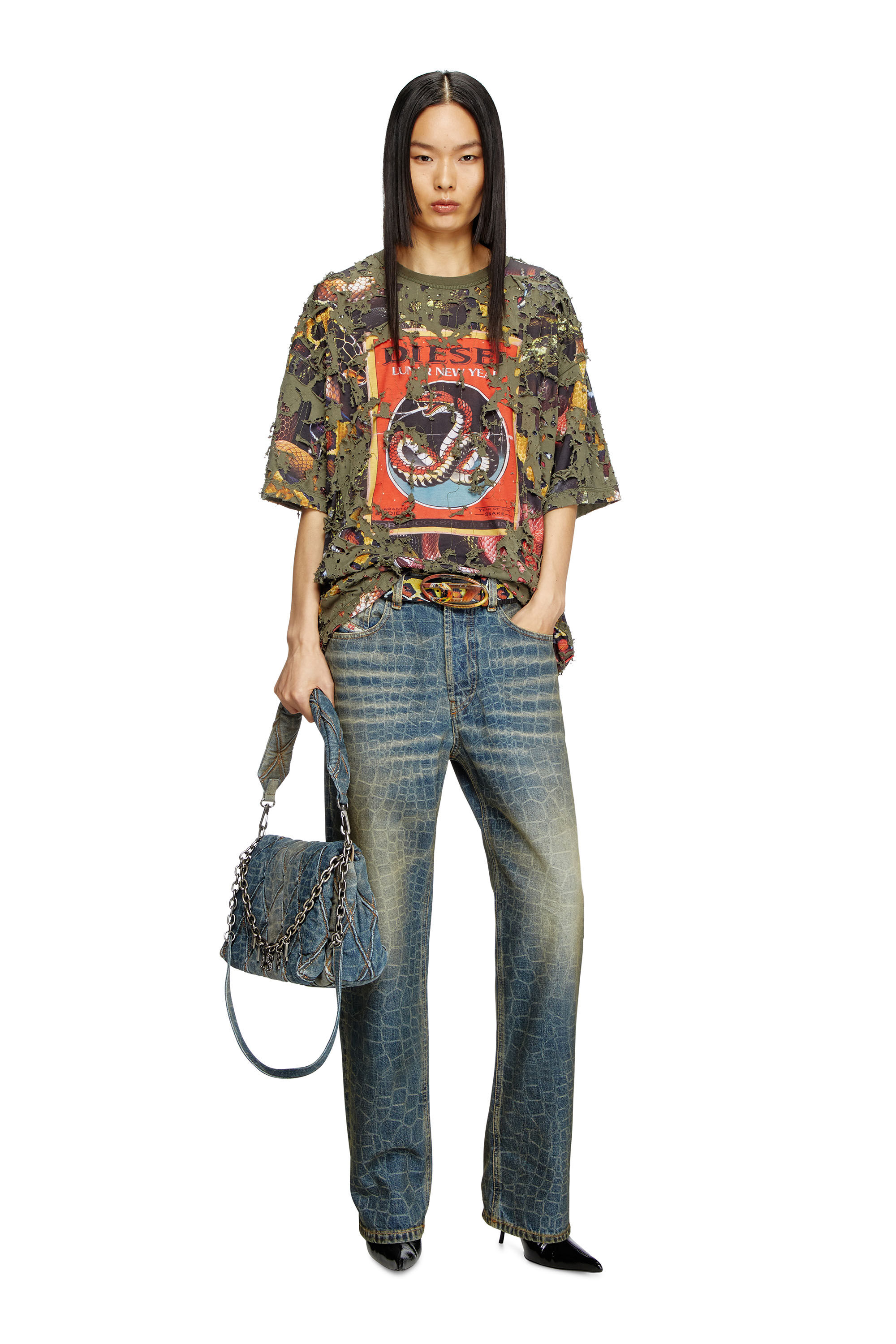 Diesel - CL-T-BOXT-DEVOR-SNAKE, Unisex's Snake-print T-shirt with destroyed overlay in オリーブグリーン - 6