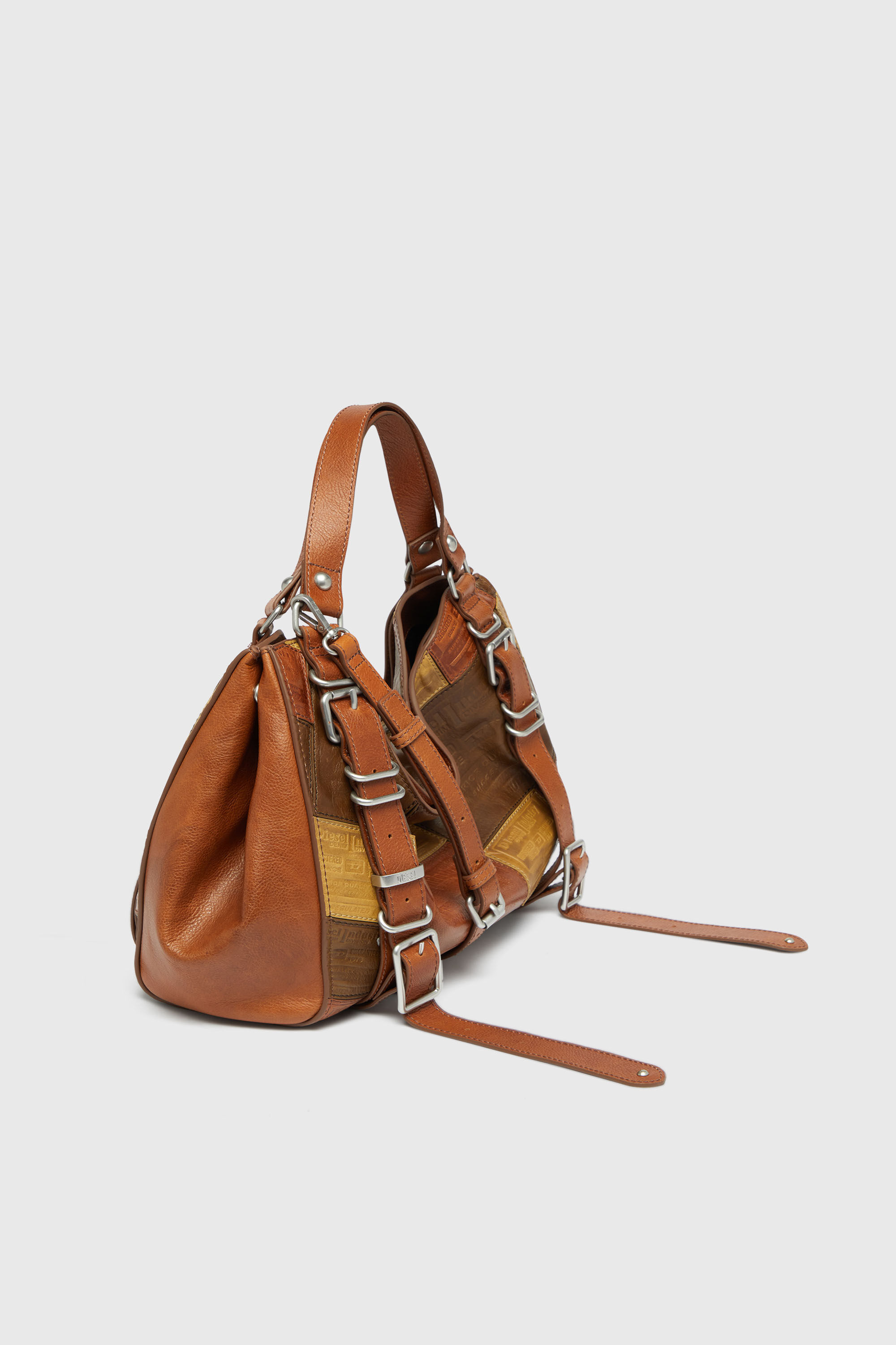 Diesel - D-ONE TOPHANDLE M, Unisex's D-One-Medium top-handle bag in patchwork leather in ブラウン - 4